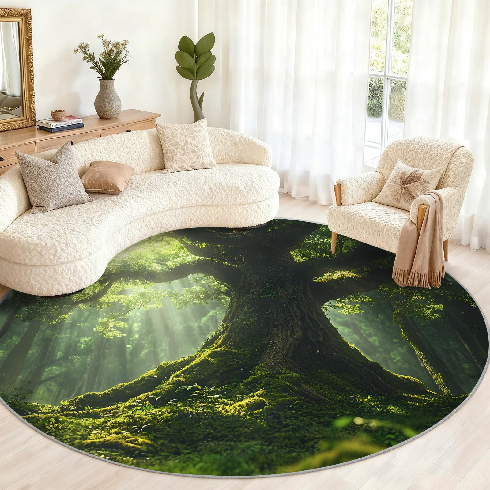 Grand tapis rond lavable de 200 cm avec motif forêt naturelle pour décorer le salon