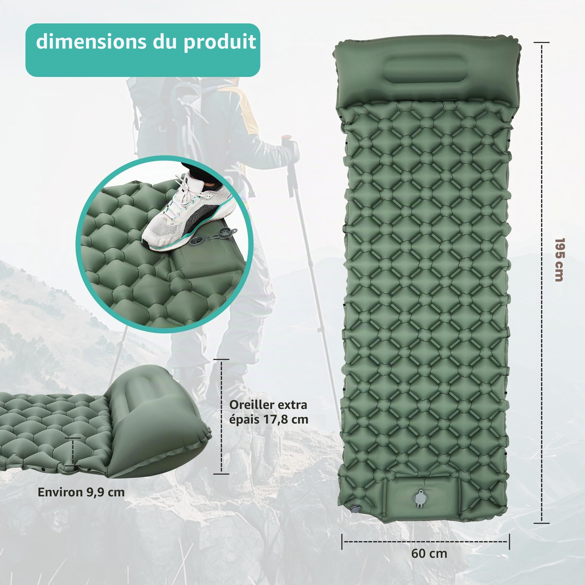 JIYANA Matelas Camping Portable Ultraléger, Matelas Autogonflant 1 Personne Camping, Tapis de Sol Camping, Matelas Gonflable 1 Personne Polyvalent pour Voyage, Plage, Randonnée et Séjour en Plein Air