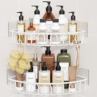 Orimade Corner Shower Caddy with 2 Hooks Wall Mounted Metal Bathroom Shelf Storage Organizer Adhesive No Drilling 2 Pack, White Only for 90-Degree Corner