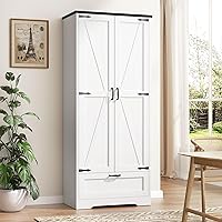 Vongrasig 4-Tier Rustic White Kitchen Pantry Cabinet with Barn Doors, Drawer & Adjustable Shelves - Tall Storage Locker