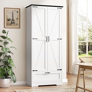 Vongrasig 4-Tier Rustic White Kitchen Pantry Cabinet with Barn Doors, Drawer & Adjustable Shelves - Tall Storage Locker