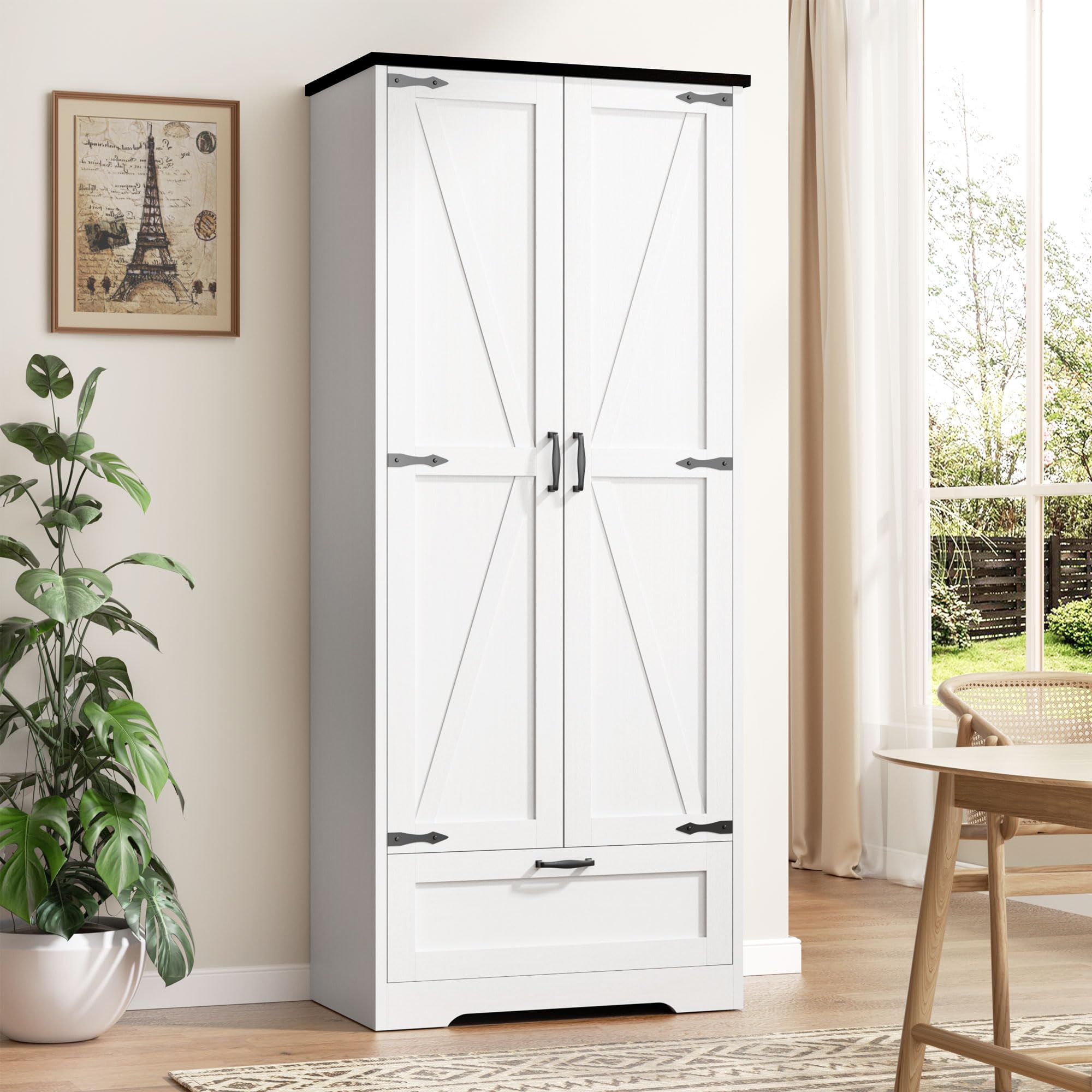 Sponsored Ad - Vongrasig Kitchen Pantry Storage Cabinet with Barn Doors, Drawer and Adjustable Shelves, 4-Tier Tall Rustic Wood Cupboard Locker for Kitchen, Dining Room, Living Room, Bathroom, White