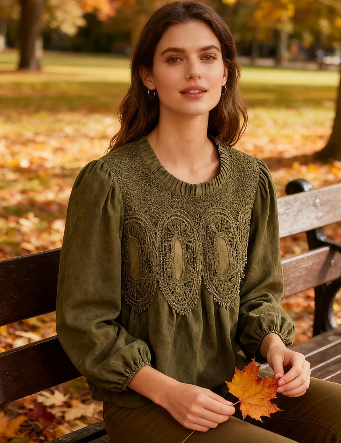 Lentta Women's Lace-Detail Suede Flared Blouse Long Sleeve Crew Neck Swing Babydoll Tops Elegant Intricate Mesh Loose Shirts