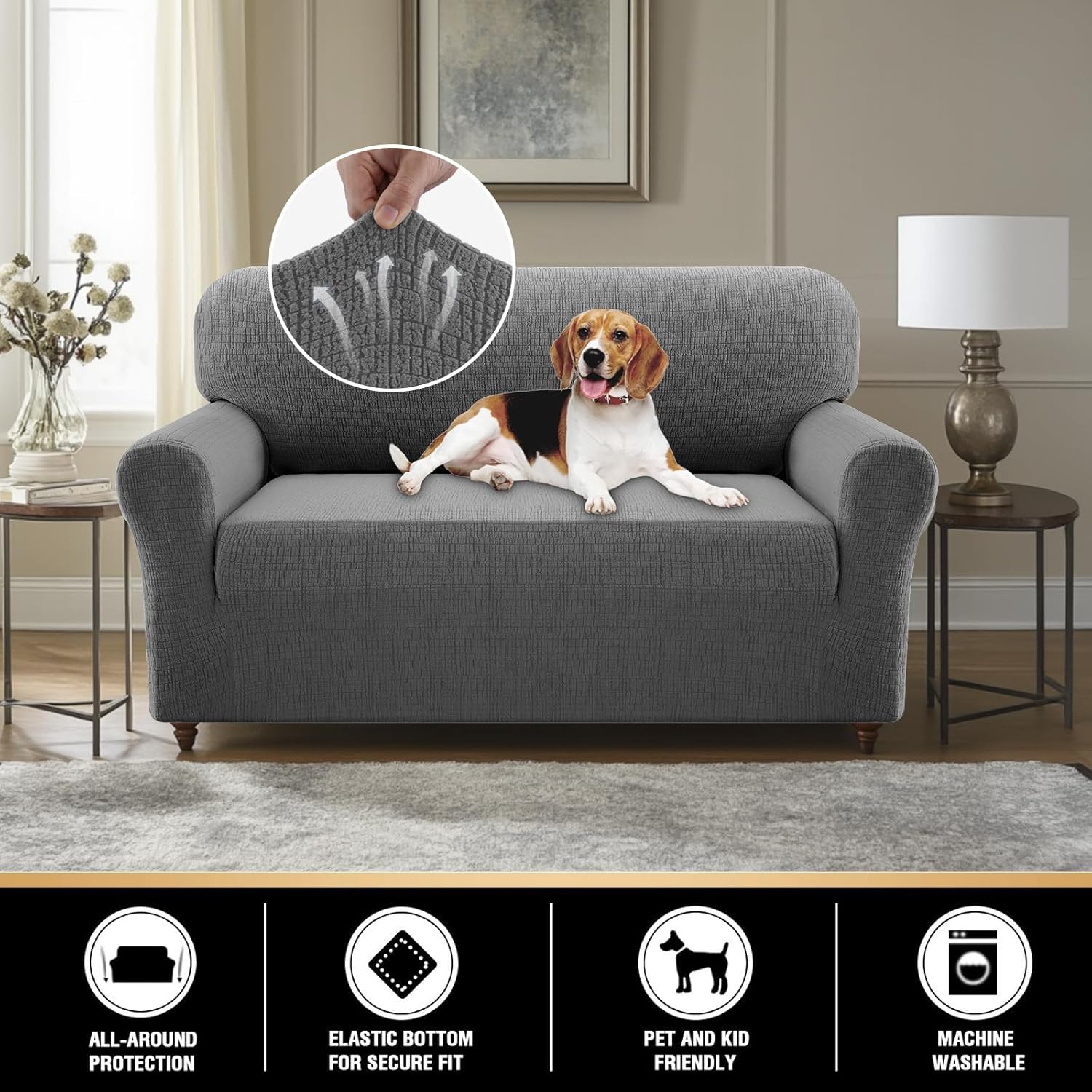 PrinceDeco Waterproof Couch Cover Slipcovers for Sofas,Stretch Jacquard Loveseat Couch Cover for 2 Seat Couch,Love Seat Sofa Covers Washable Protector for Kids, Pets (Loveseat Seat Width 38"-46" Grey)