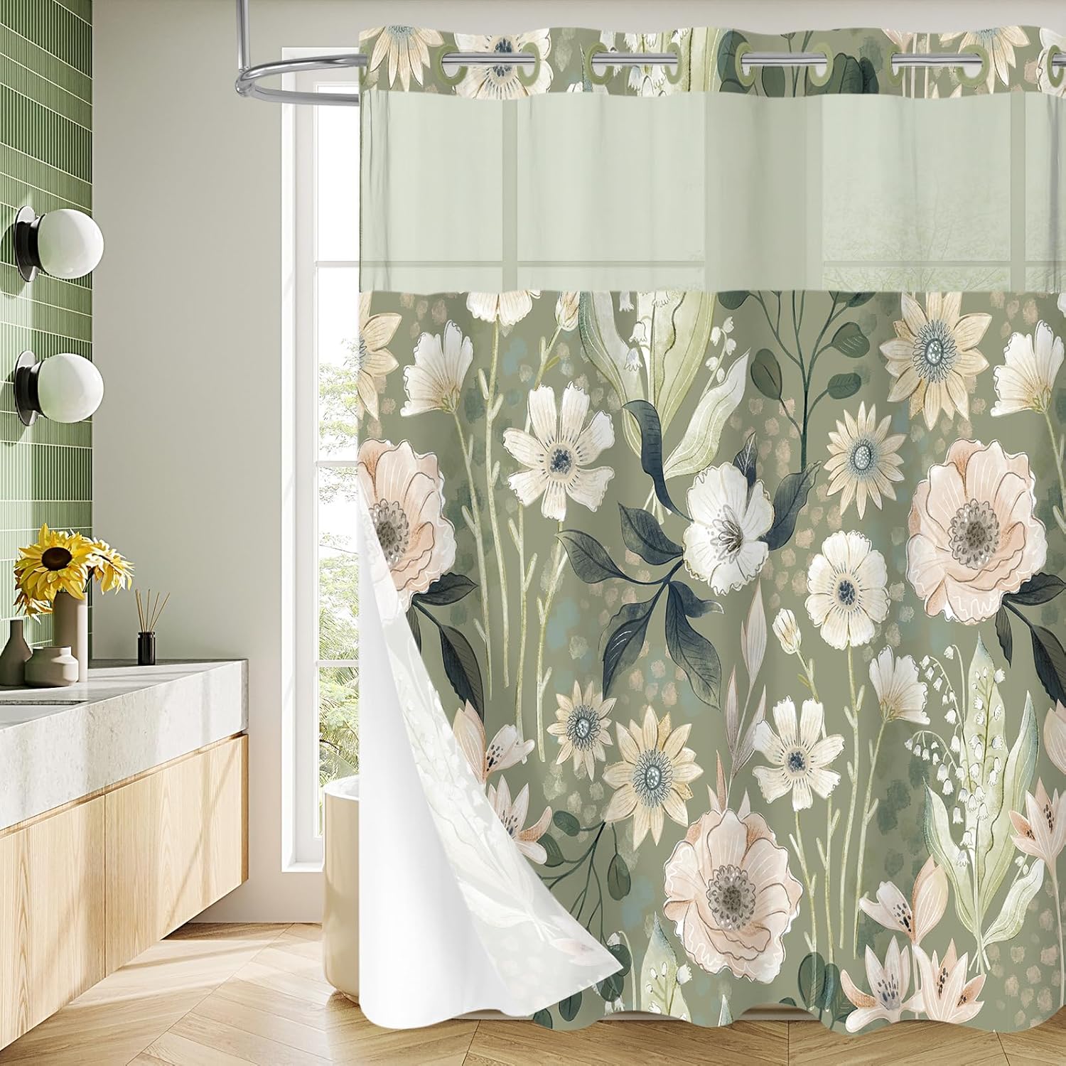 MitoVilla No Hooks Needed Boho Spring Floral Shower Curtain Set with Snap-in Liner, Green Modern Heavy Duty Fabric Cloth Shower Curtain for Neutral Luxury Hotel Spa Bathroom Decor, 72 x 74