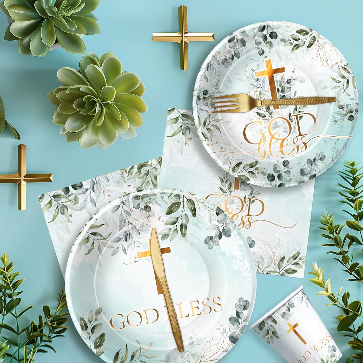 God Bless Baptism Decorations Supplies, First Communion Decorations For Boy, Plate, Cup, Napkin, Fork, Mi Bautizo Eucalyptus Leaves Sage For Christening Baby Shower Religious Party | Serve 24