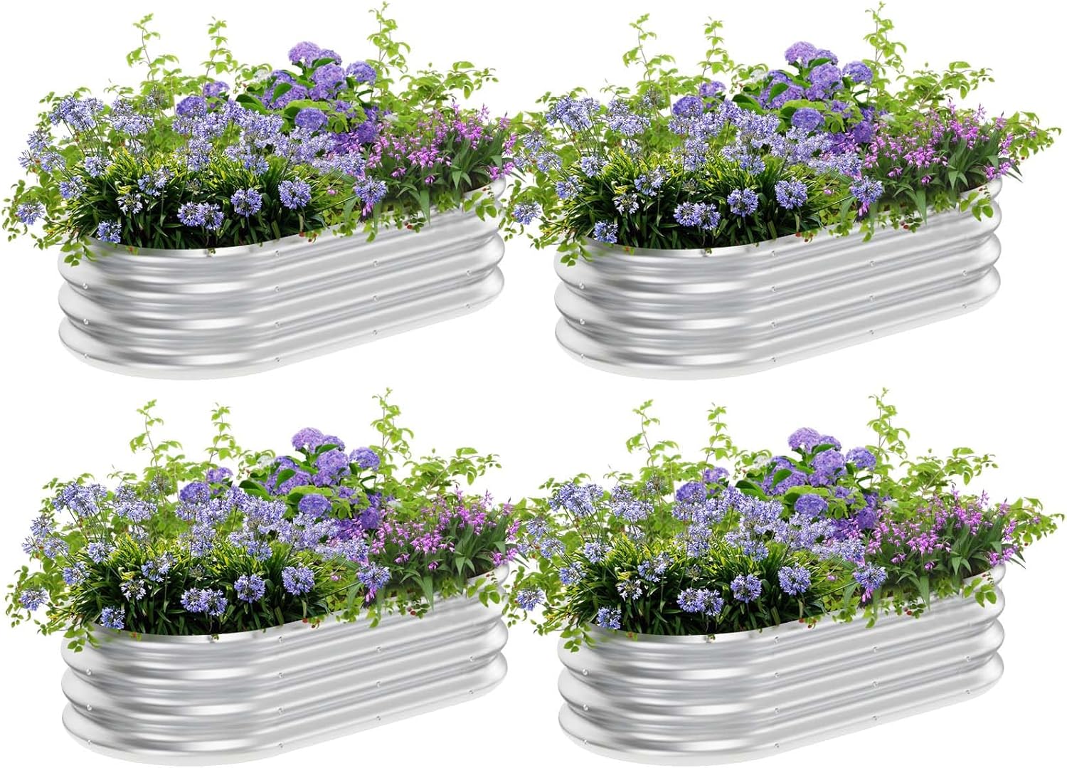 4 Pack 4×2×1 feet Outdoor Galvanized Raised Garden Bed Kit, Oval Metal Planter Box for Vegetables, Flowers, Herb, Silver
