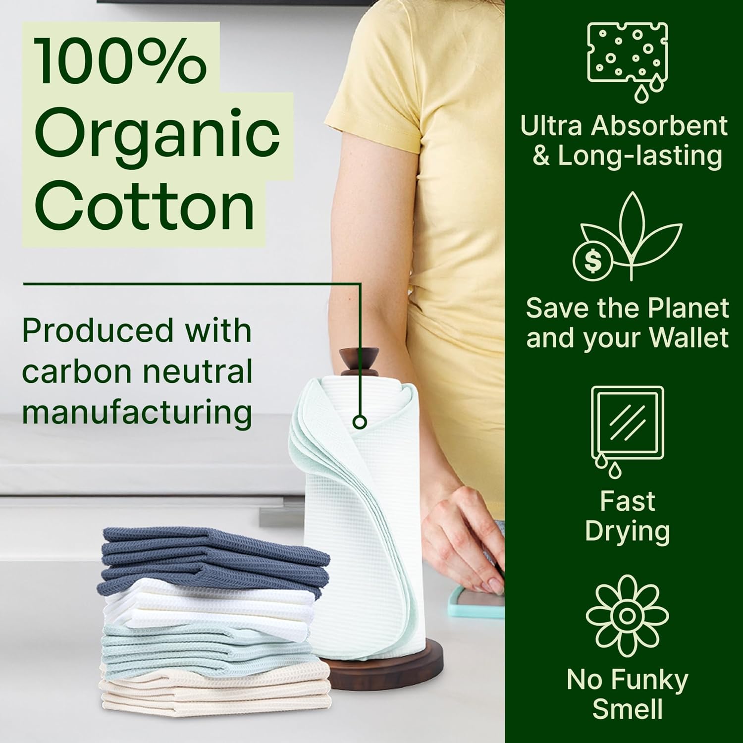 mioeco 24 Pack Multicolored Reusable Paper Towels - Nature Friendly - Organic Cotton Alternative - Thick, Strong, Paperless Kitchen Dish Cloths - Reusable Napkins - Dish Towels - Cloth Napkin