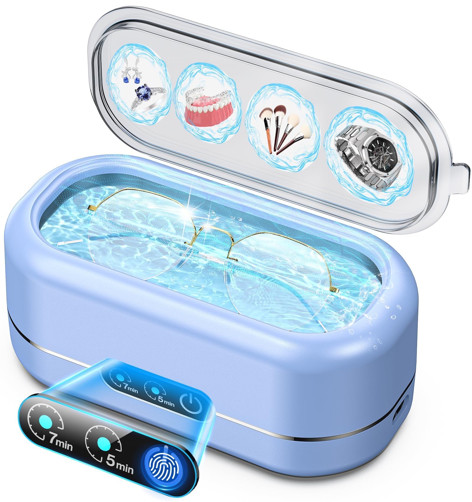 Professional Ultrasonic Jewelry Cleaner with Digital Timer,50KHz Ultrasonic Cleaner Machine with 304 Stainless Steel for Jewelry,Eyeglasses, Rings, Coin, Watch Strap, Dentures, Hygiene Items (Blue)