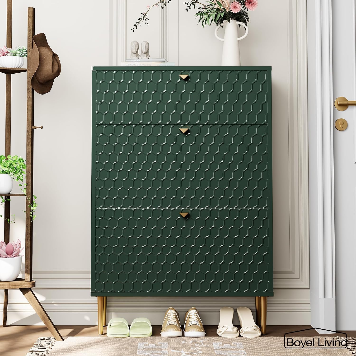 Boyel Living Modern 3 Flip Drawers Free Standing Shoe Racks,Shoes Cabinet with Brass Knobs and Legs, 24 Pair for Entryway (Green)