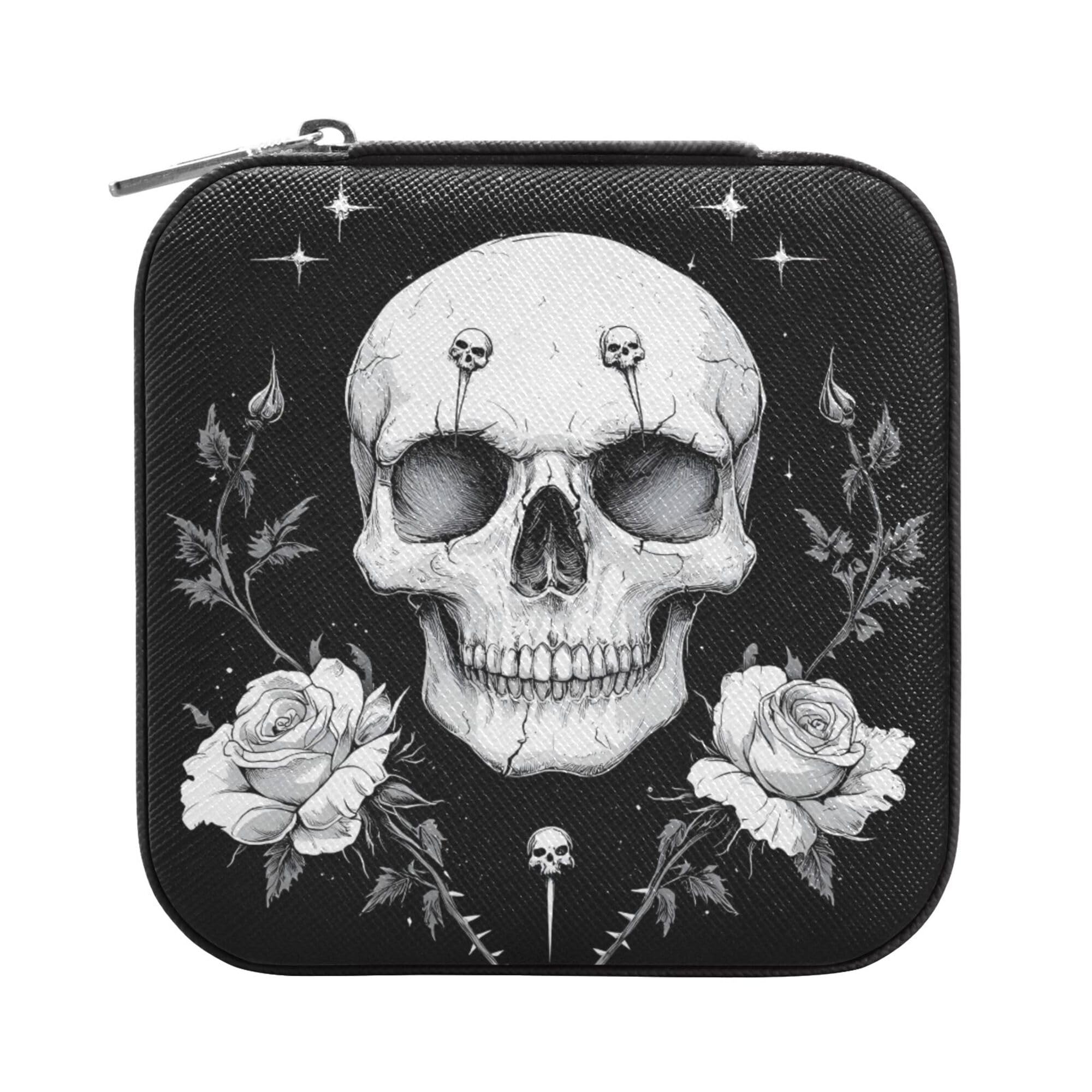 MNSRUU Small Jewelry Box Storage and Organizer Skull Star Flower Mini Travel Jewelry Case Portable Earring Ring Organizer Boxes for Women Girls, Black