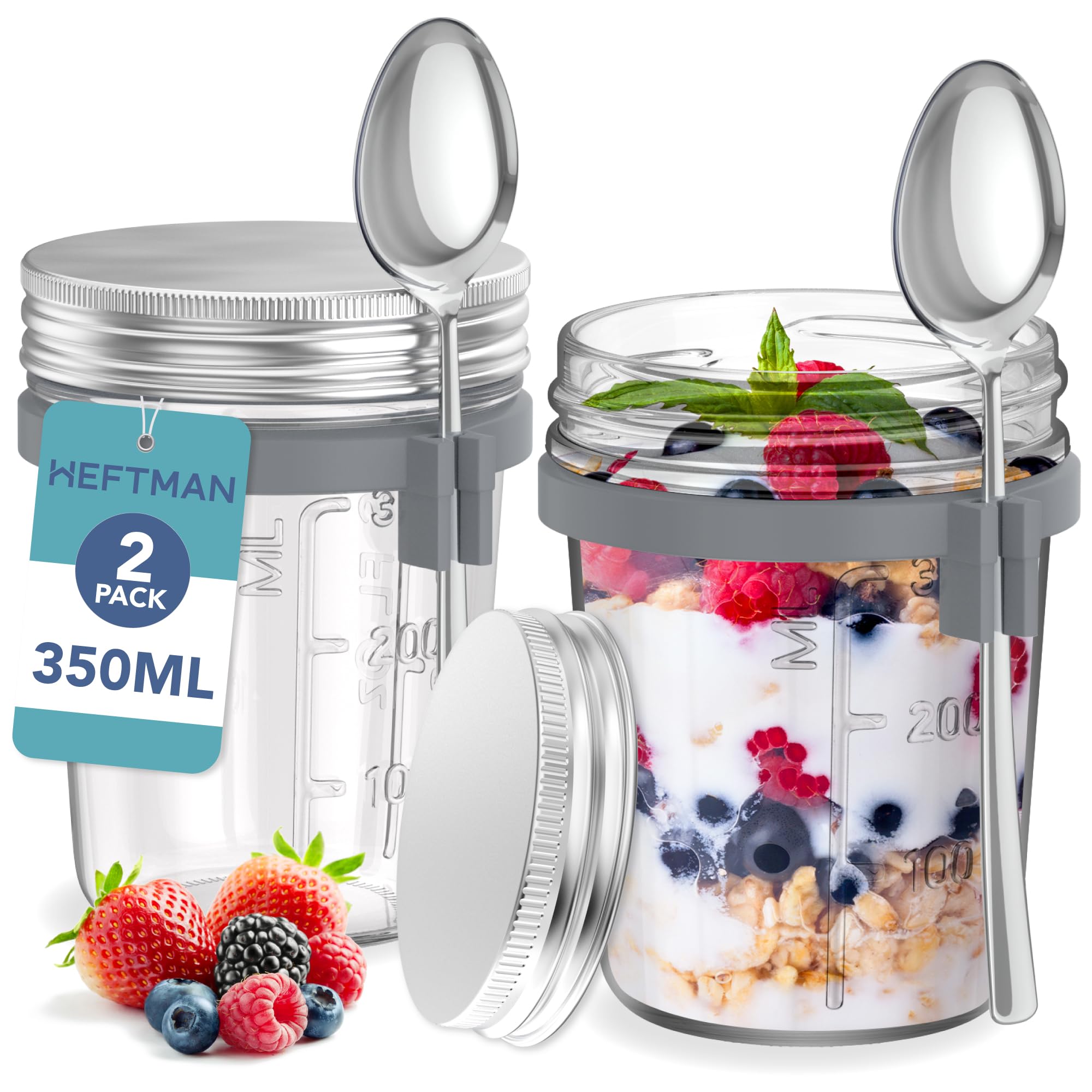 Mason Jars for Overnight Oats - 2 Pack 350ml Overnight Oats Jar with Spoons & Airtight Stainless Steel Lids - Food-Safe Glass Breakfast Pots for Yogurt, Chia Pudding - 12oz, Reusable (2 PCS)