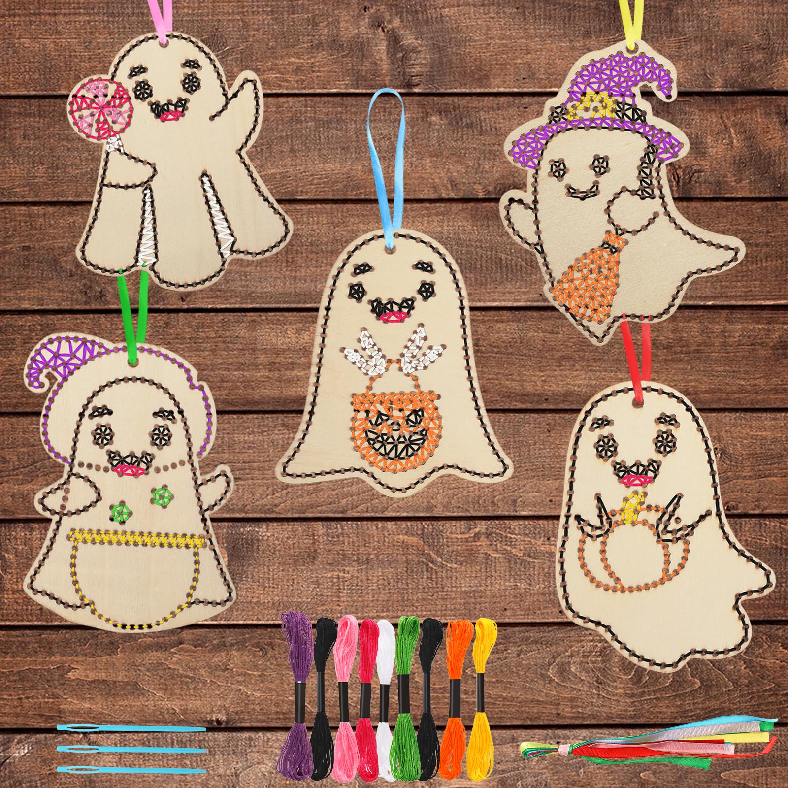 JSRQT 5 Pieces Craft Cross Stitch Kit Halloween DIY Wooden Sewing Cross-Stitch Ghost Keyring Decoration Arts Frame Embroidery Starter Set Needles Threads for Beginners Children Kids
