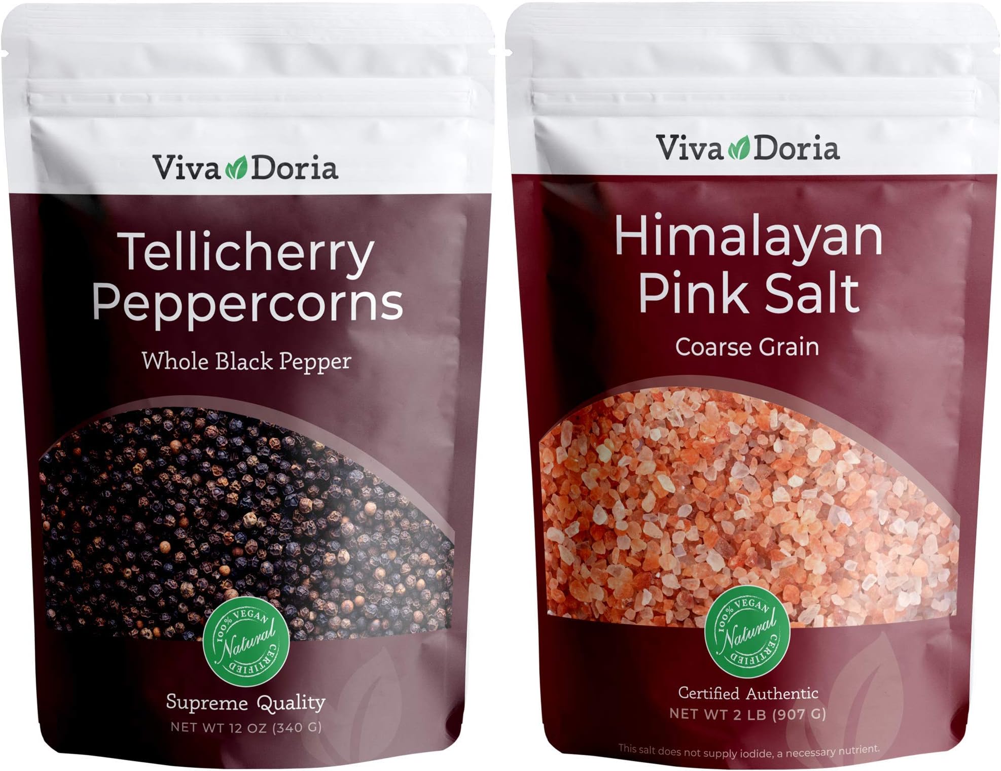 Viva Doria Tellicherry Whole Black Peppercorns, 12 oz & Himalayan Pink Salt, Coarse Grain, 2 lb | Salt and Pepper Combo, For Grinder Refills, 2 Piece Set