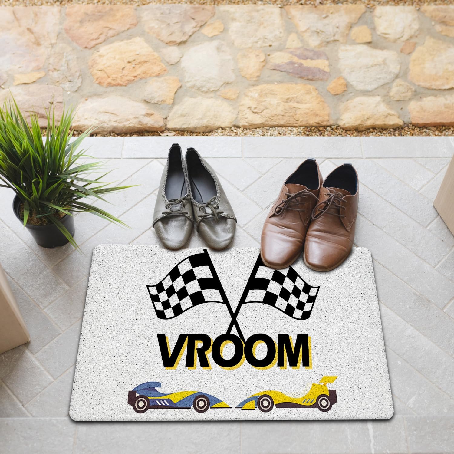 JINYO Racing Car Welcome Mat, Checkered Flag Racing Door Mat for Kids Room Playroom Nursery Boys Bedroom, Race Track Theme Doormat for Home Entrance Entryway Garage, 17x30 Inch