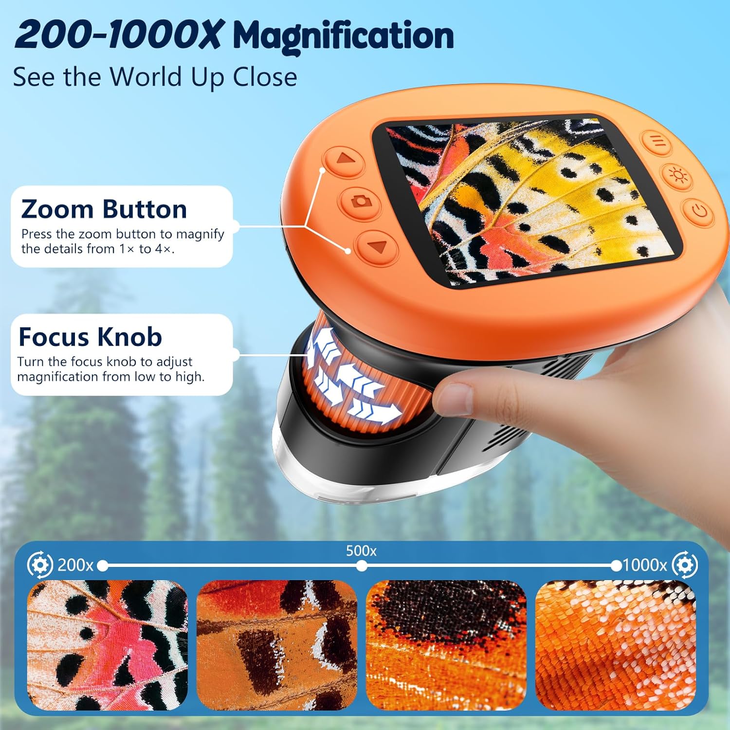 1000X Handheld Microscope for Kids, 4K 2.4" Screen Digital Kids Microscopes with 12 Slides, Portable Edu Toys Gifts for Age 3 4 5 6 7 8 9 10 11 12 Year Old Boys Girls Children Students(Orange) - Image 5