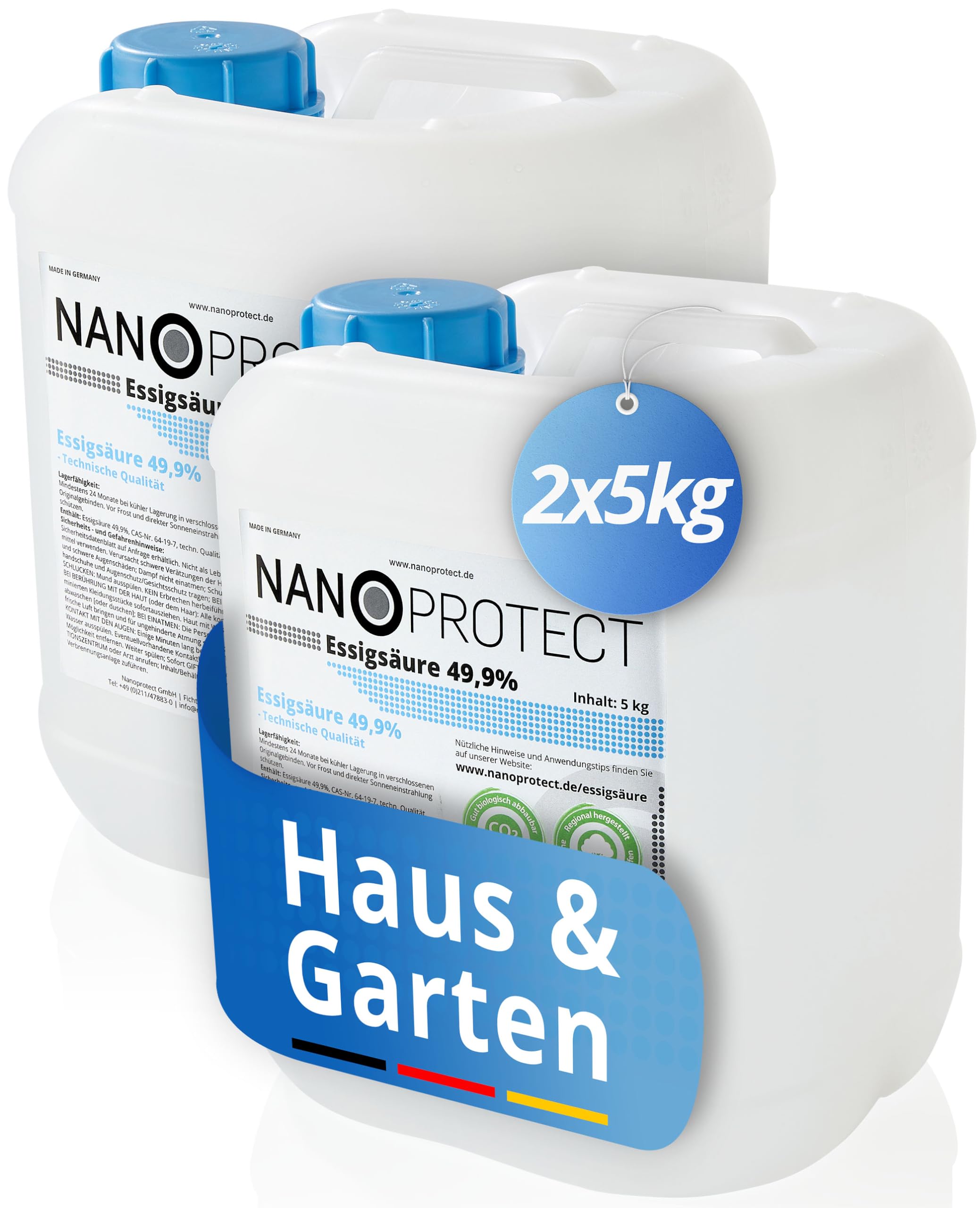 Nanoprotect Essigsäure 49,9% Klimaneutral - 10 kg | Ideal als Reiniger und Entkalker | Für Haus und Garten | Premium Qualität – Made in Germany