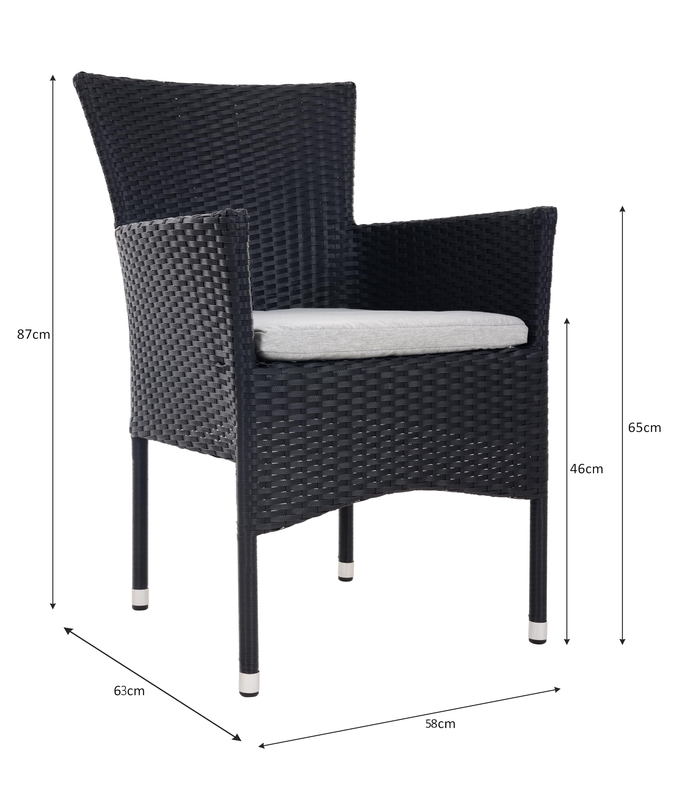 METRO Professional Silla de Jardín con Reposabrazos y Cojín Noelani, Acero/Ratán sintético, Sillón para Exterior, Negro
