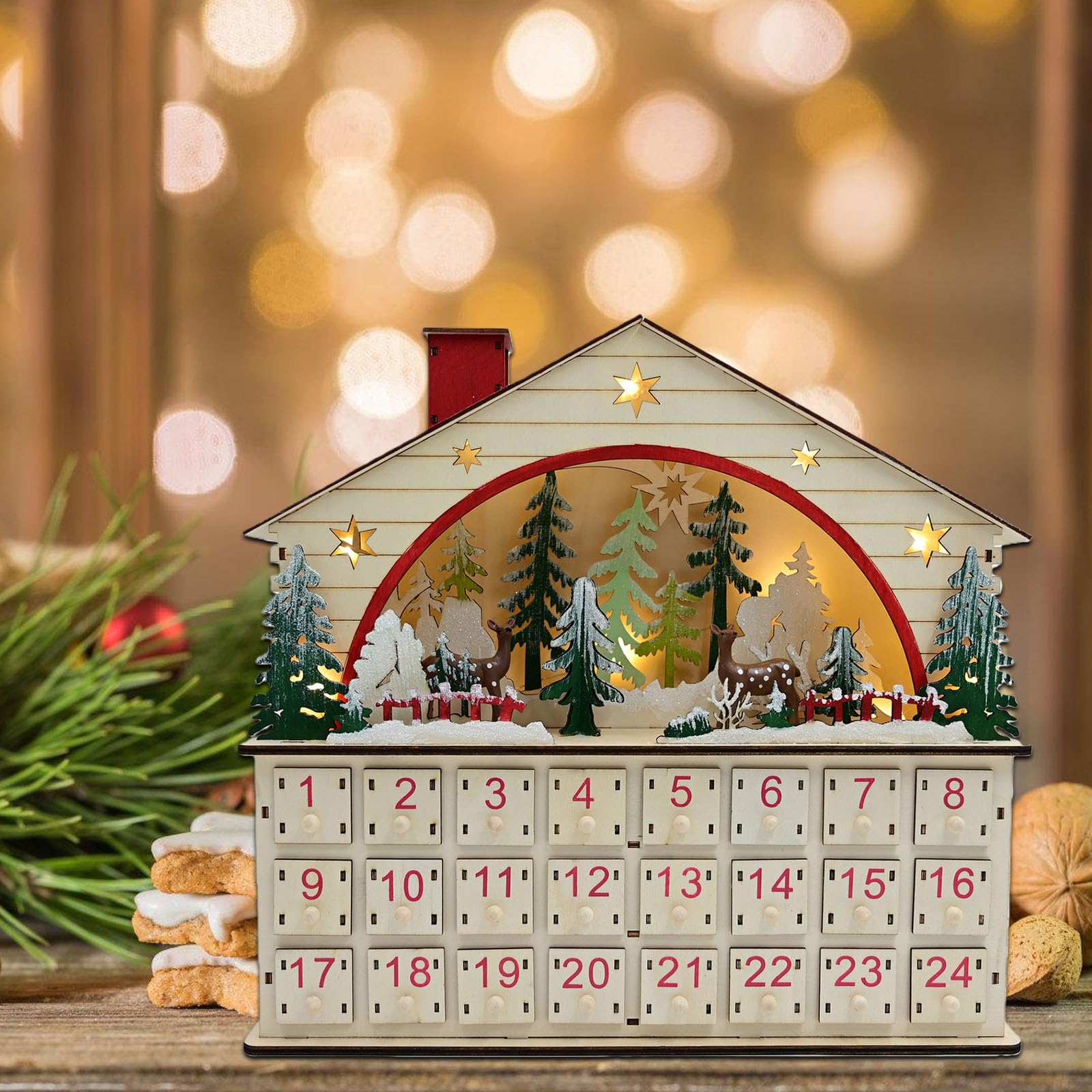 Natürlicher Holz-Adventskalender, Weihnachts-Holz-Advent mit Schubladen, LED-beleuchteter Countdown mit 24 Schubladen, Countdown bis Dekorationen für Partydekoration