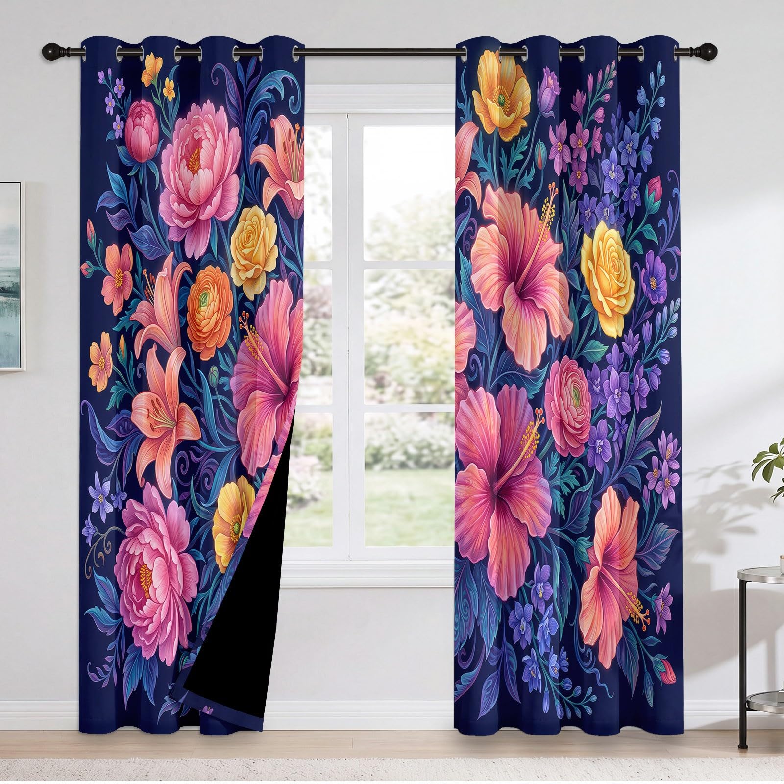 Aquarell Blumen Blickdicht Vorhänge mit ösen, Pflanzen Blumen Blätter Muster Thermo Verdunklungsvorhänge, Dunkelblau Gardinen für Wohnzimmer Schlafzimmer Fenster Deko 2er Set, 200x70 cm (HxB)