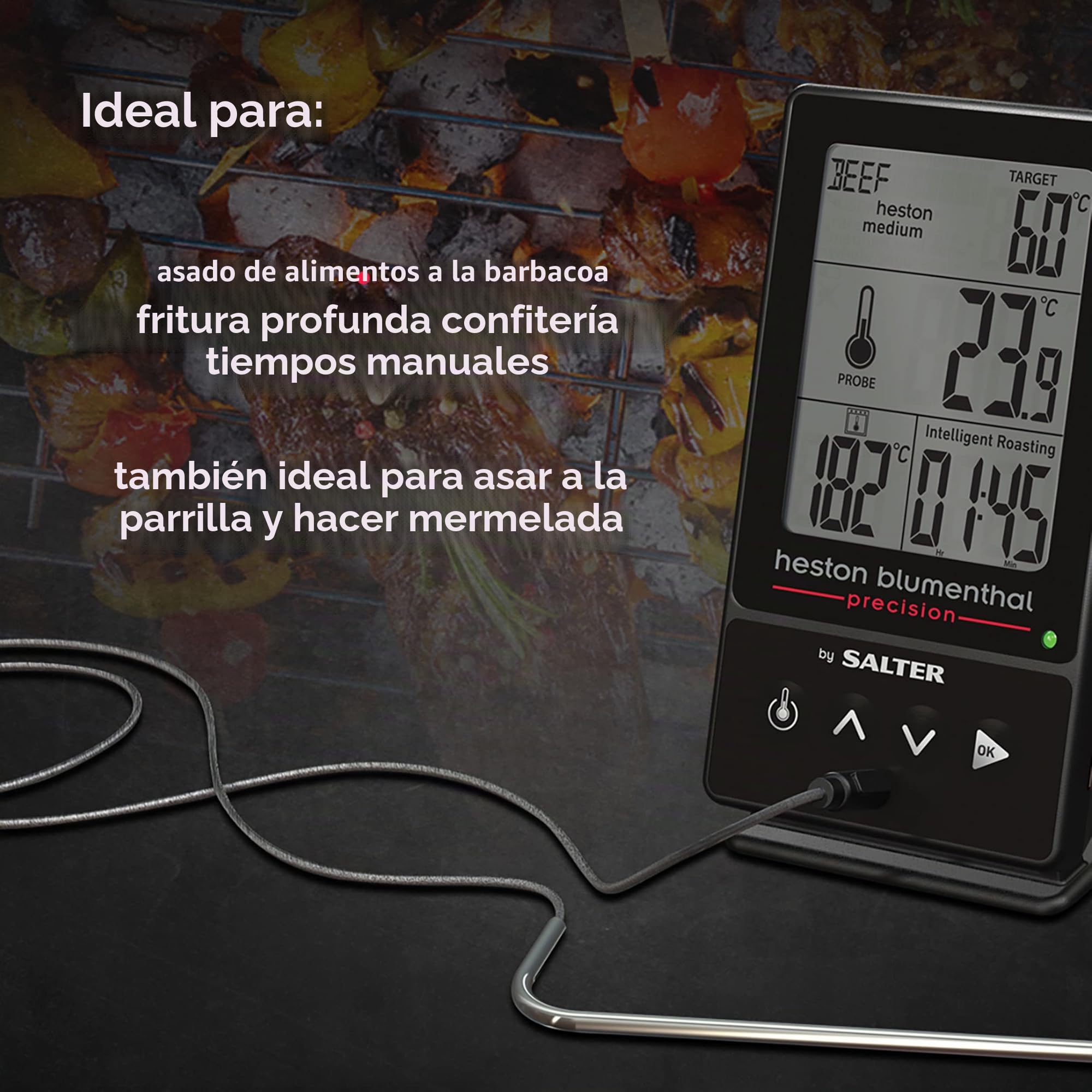Salter 540A HBBKCR Termómetro Digital 5 En 1 Con Precisión de 0,1 °C, De La Colección Heston Blumenthal Precision, Mide Hasta 5 Veces Más Rápido, Sonda De 14.5 cm, Pinza Para Bandejas Incluida, Negro