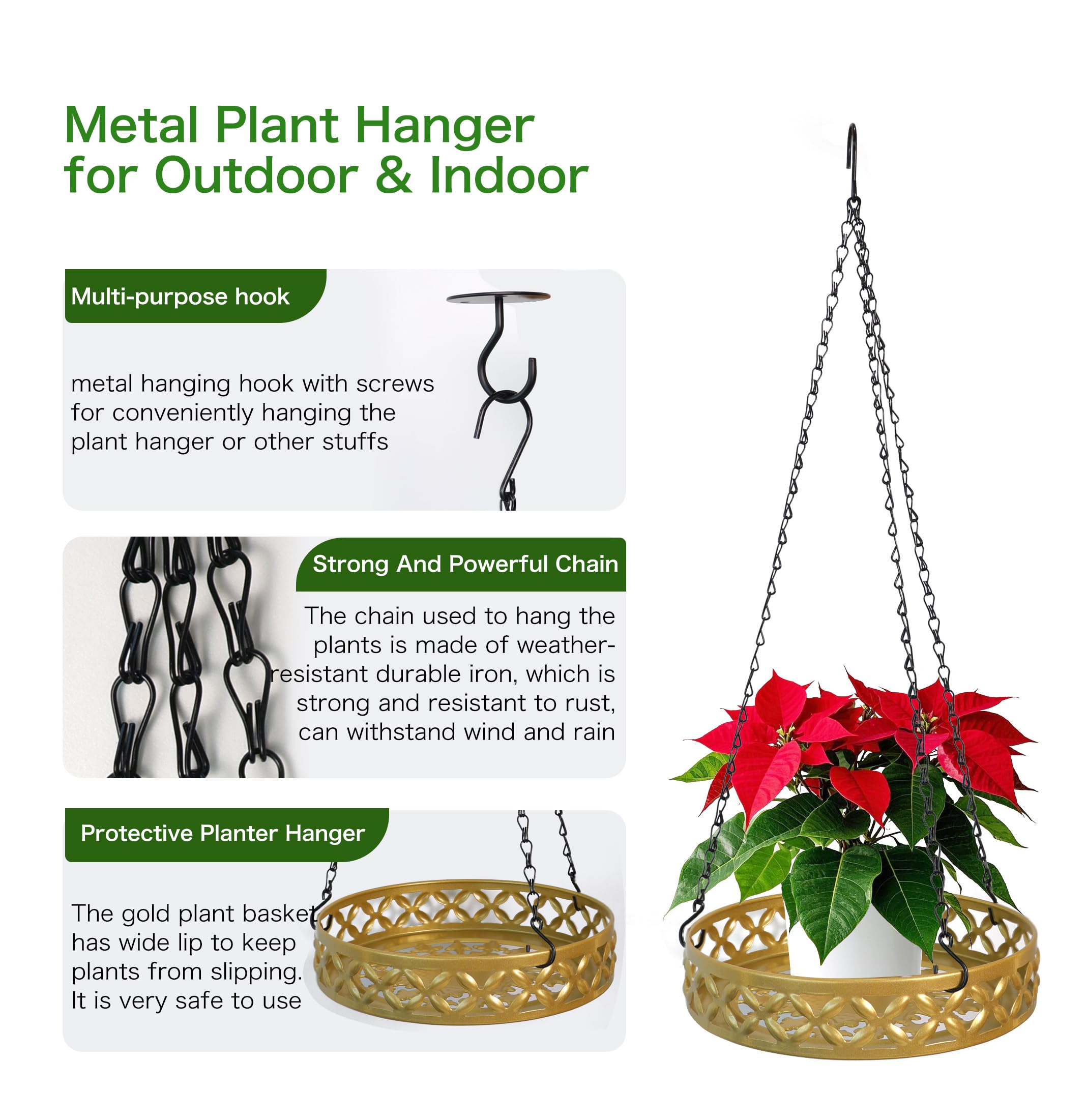 Lot de 3 suspensions en métal pour Plantes Modernes - Noir - Chaîne de Suspension pour Balcon, Porche, intérieur et extérieur