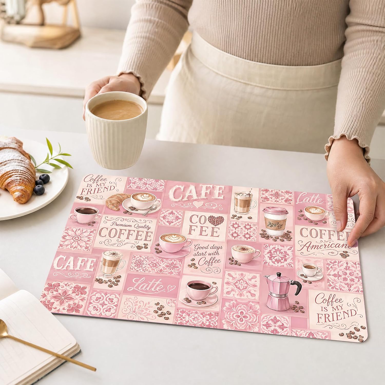 Coffee Bar Mat for Countertop, Pink Plaid Coffee Matt 16x24 Inch image 5