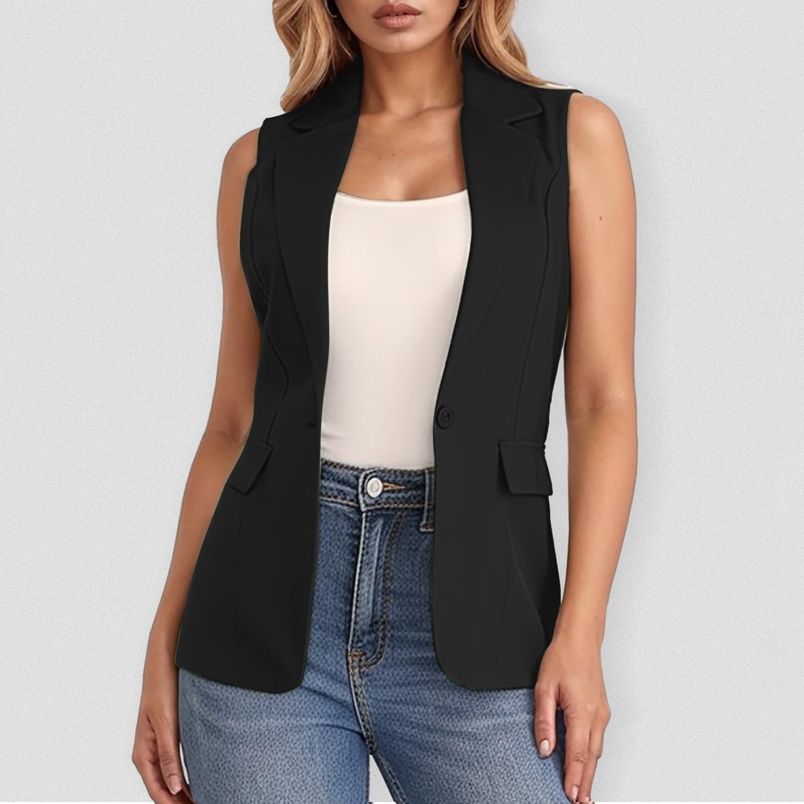 Fulidngzg Blazer Donna Senza Maniche con Apertura Frontale e Colletto, Tasche Smanicato Casual Leggero Cardigan Elegante Gilet Comode per Lavoro Case Cerimonia
