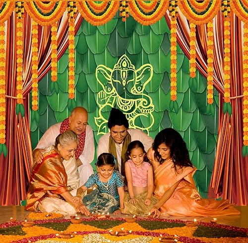 Miniatura 3 de Decoración de fondo indio Pooja para fotografía, 10 x 8 pies, tradicional, indio, festival de Puja Ganpati Mehndi, fondo de fotos de plátano, hojas
