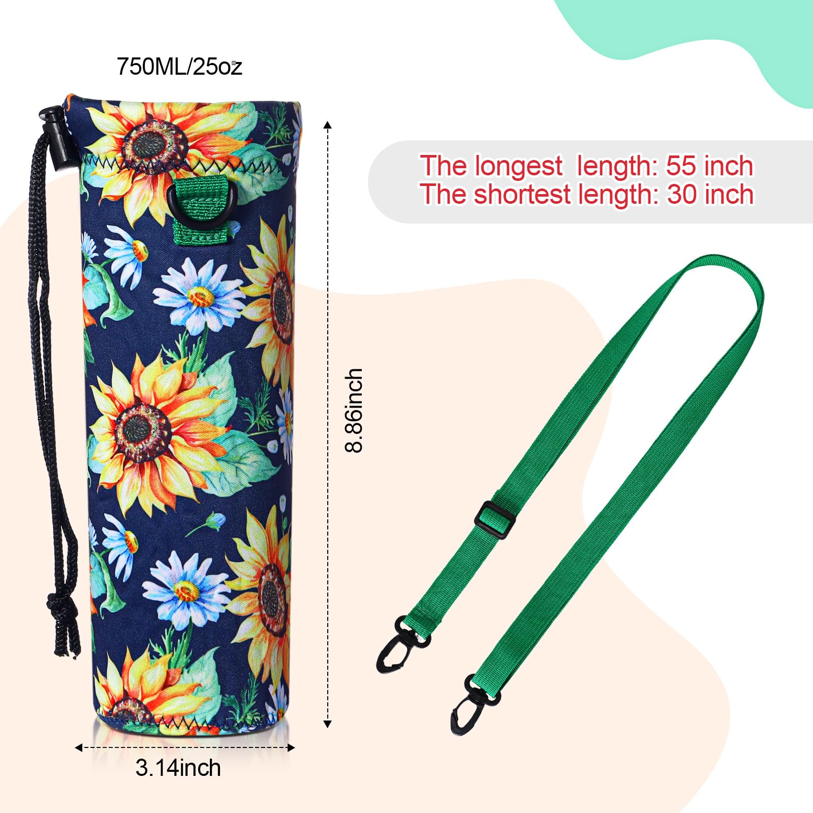 CHENGU Lot De 3 Sacs De Transport Pour Bouteille D'eau En Néoprène De 708,7 G Avec Bandoulière Réglable Pour Adultes, Sport, Gym, Randonnée, Camping, Marche, Style Floral, Style Floral