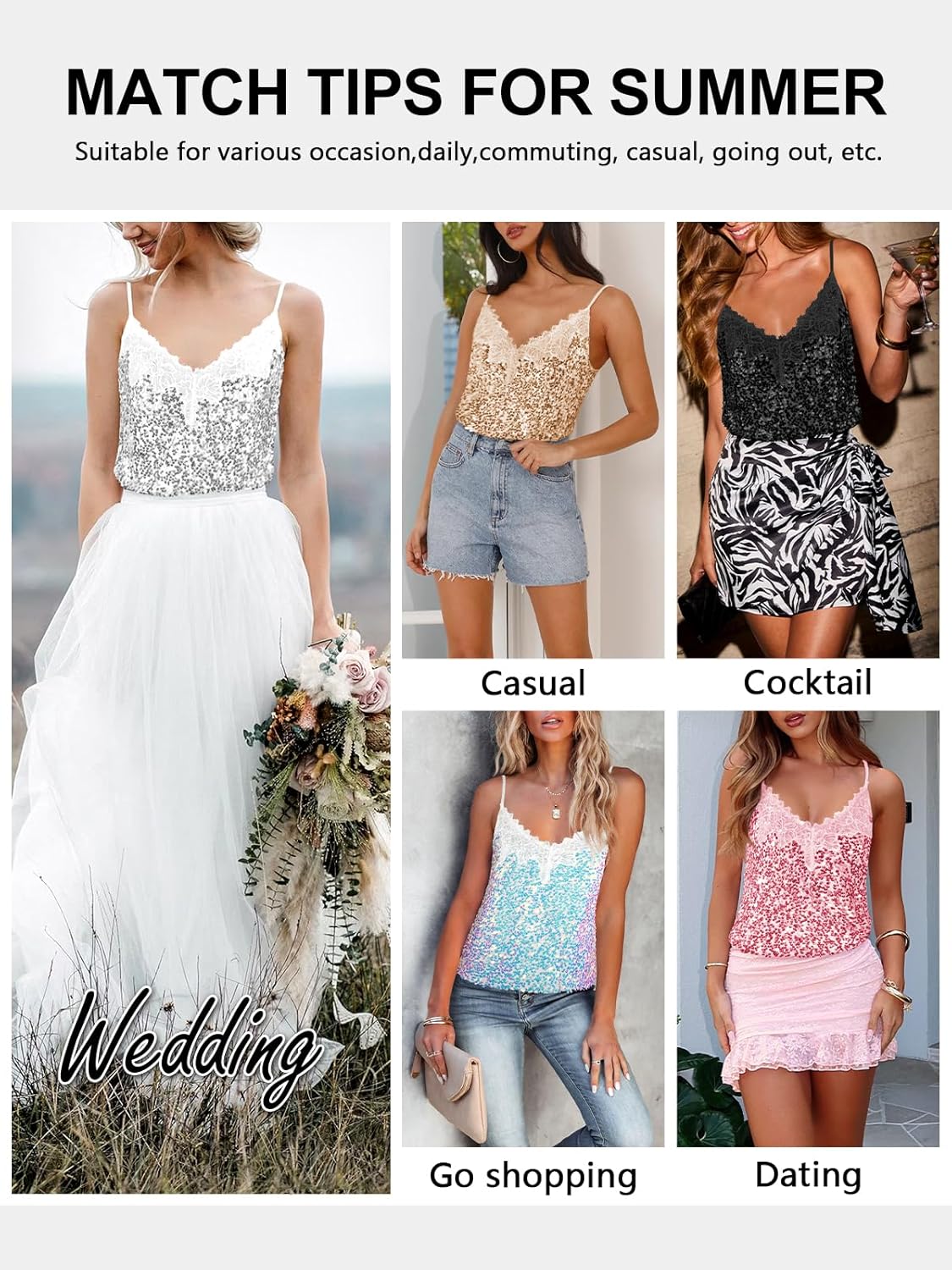 Sequin V-Neck Tank Tops Summer Sparkle Glitter Casual Sexy Backless Beach Vacation Club Camisole Top for Women - Image 2