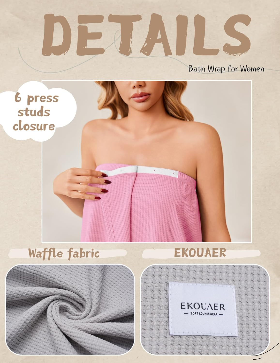 Ekouaer Waffle Robes For Women Bath Wrap Lightweight Shower Wrap 2026 Knee Length Spa Robe with Adjustable Closure S-XL - Image 2