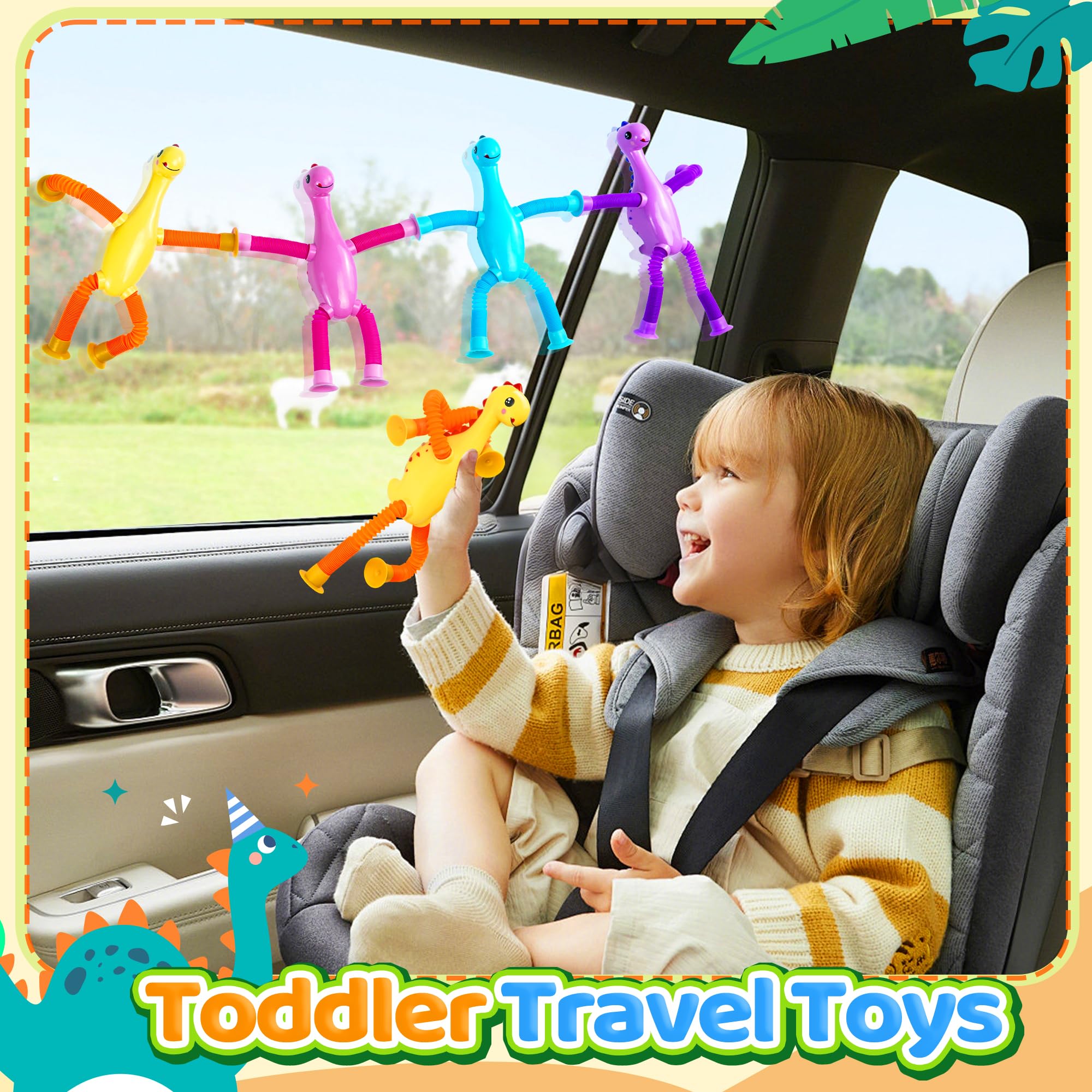 Valentines Day Gift for Toddlers Kids 4Pcs Dinosaur Airplane Travel Toys for Kid Boys Girls Sensory Suction Cup Tube ADHD Autism Road Trip Car Activities Essential Stocking Stuffer Easter Basket Gifts 6
