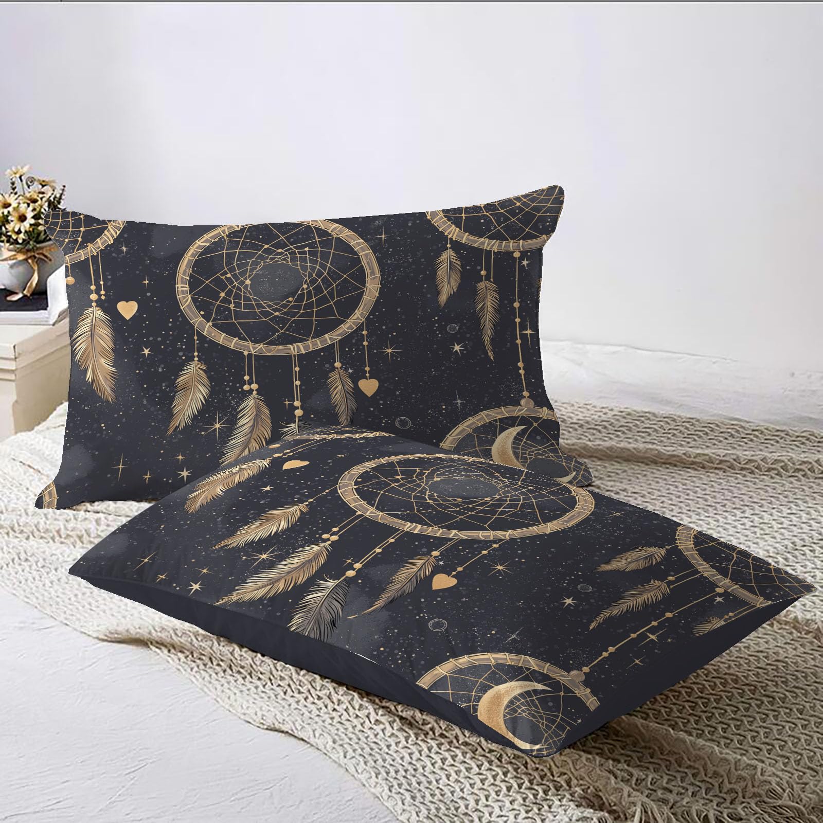 Wendebettwäsche 240X220 Anthrazitgrau Eleganter Traumfänger Sternenhimmel Schlafzimmer Bettwäsche 3Tlg, Bohemian Feathers Bettbezug Und 2 Kissenbezug, Weiche Mikrofaser Deckenbezug Mit Reißverschluss
