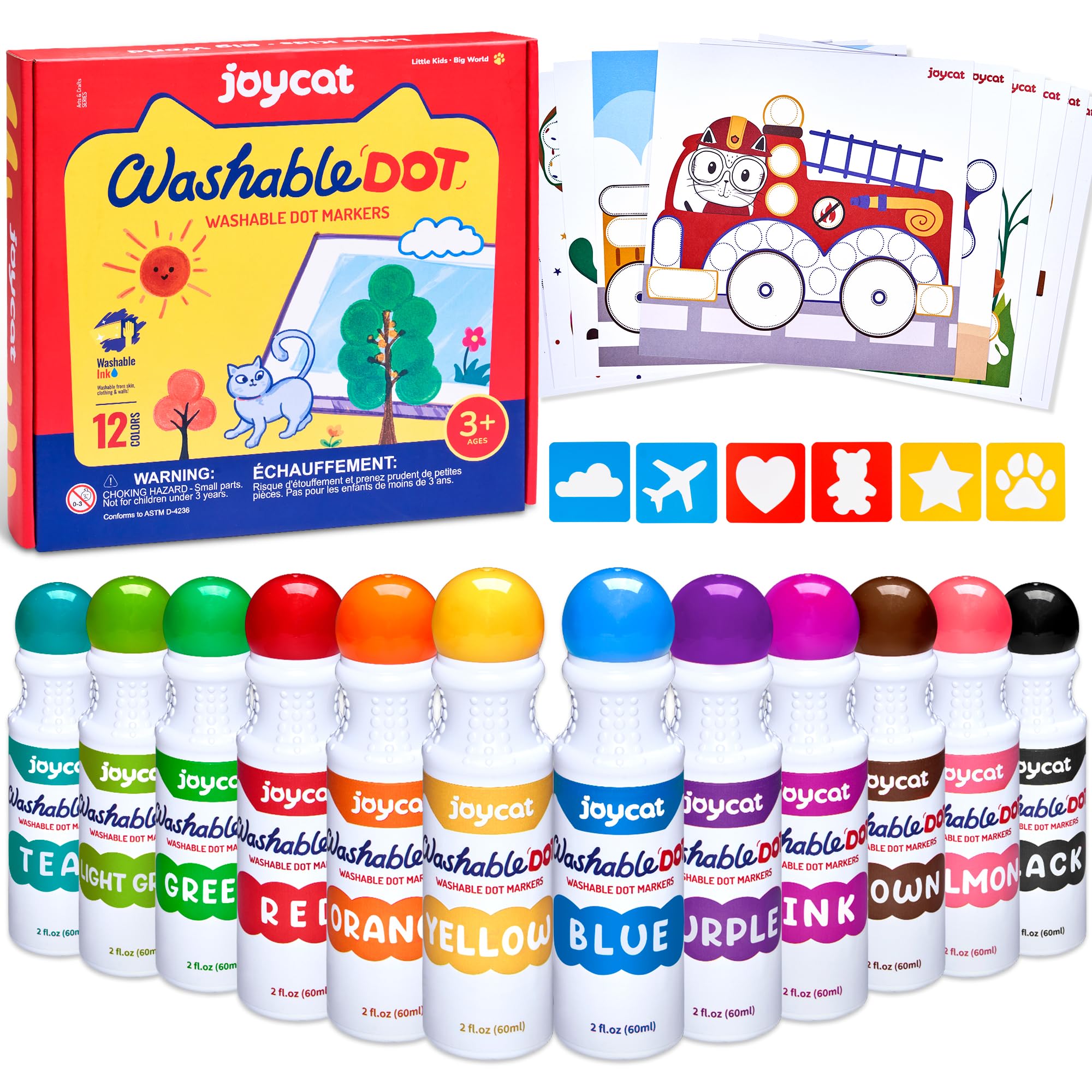 JoyCat Washable Dot Markers for Kids,12 Colors 2.1 fl.oz Non Toxic Dot Paint Markers with 10 coloring activity paper & 6 stencils,Bingo Daubers for Toddler 1-3,Ideal Arts and Crafts Kits Supplies