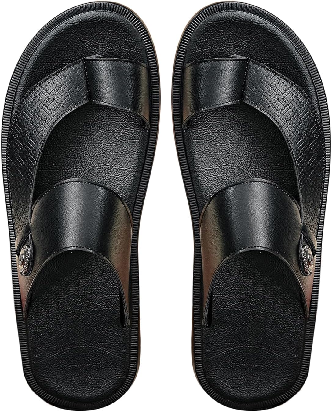 Men's Beach Leather Double Band Studded Sandals Toe Post Flat Shoes Pu Slide Slippers