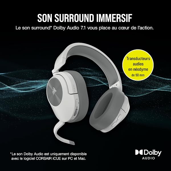 Corsair HS55 Wireless Casque de Jeu Léger - Son Surround Dolby 7.1 - Microphone Omnidirectionnel - Portée Jusqu'à 50 Pieds - Compatible iCUE - PC, Mac, PS5, PS4 - Blanc - 3