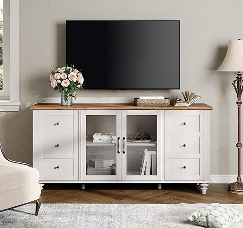 WAMPAT Soporte de TV de granja con armario de almacenamiento, soporte universal de TV de vidrio y madera, centro de entretenimiento blanco para