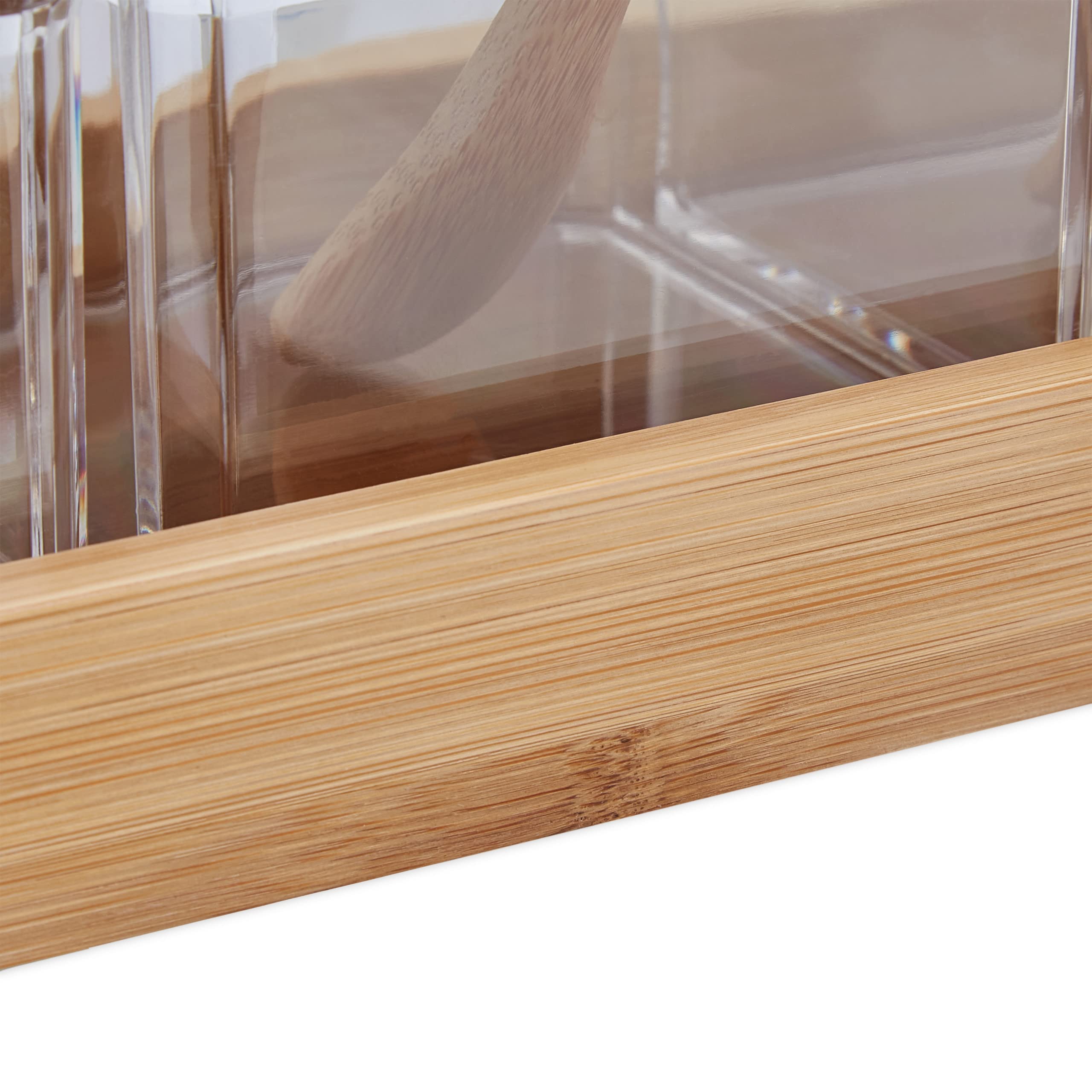 Relaxdays Pojemniki na przyprawy, zestaw 3 sztuk, pojemniki na przyprawy z łyżeczką i pokrywką, tworzywo sztuczne, bambus, cukiernica, taca, przezroczyste, 11 x 30 x 13 cm