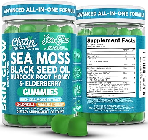 Clean Nutra - Gomitas Sea Glow Musgo marino, aceite de semilla negra, raíz de bardana, miel y saúco Suplemento de gomitas veganas de 60 quilates