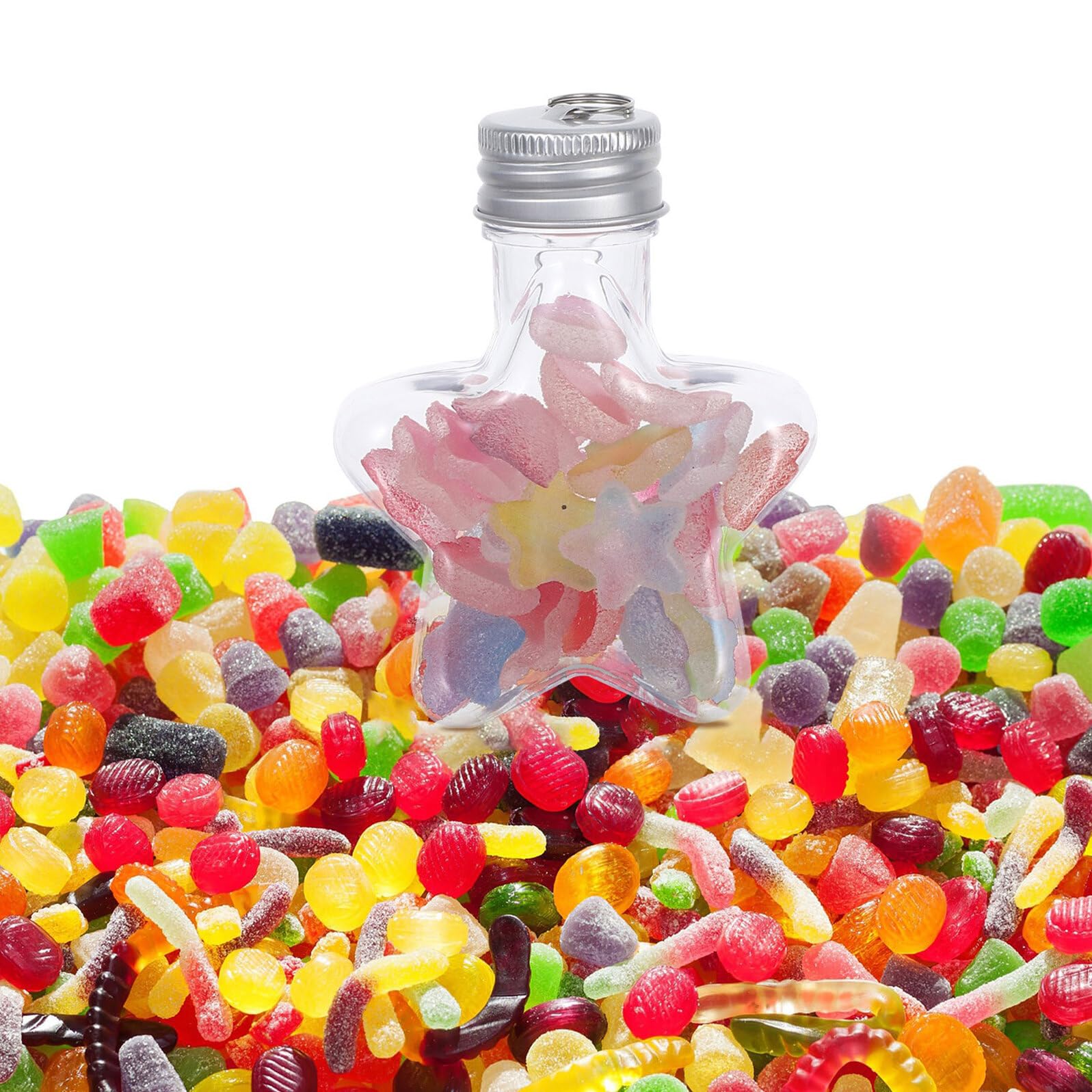 16 barattoli in plastica a forma di stella da 50 ml con coperchio argentato e anello per appenderlo, riutilizzabili, per caramelle natalizie, bomboniere e decorazioni per alberi