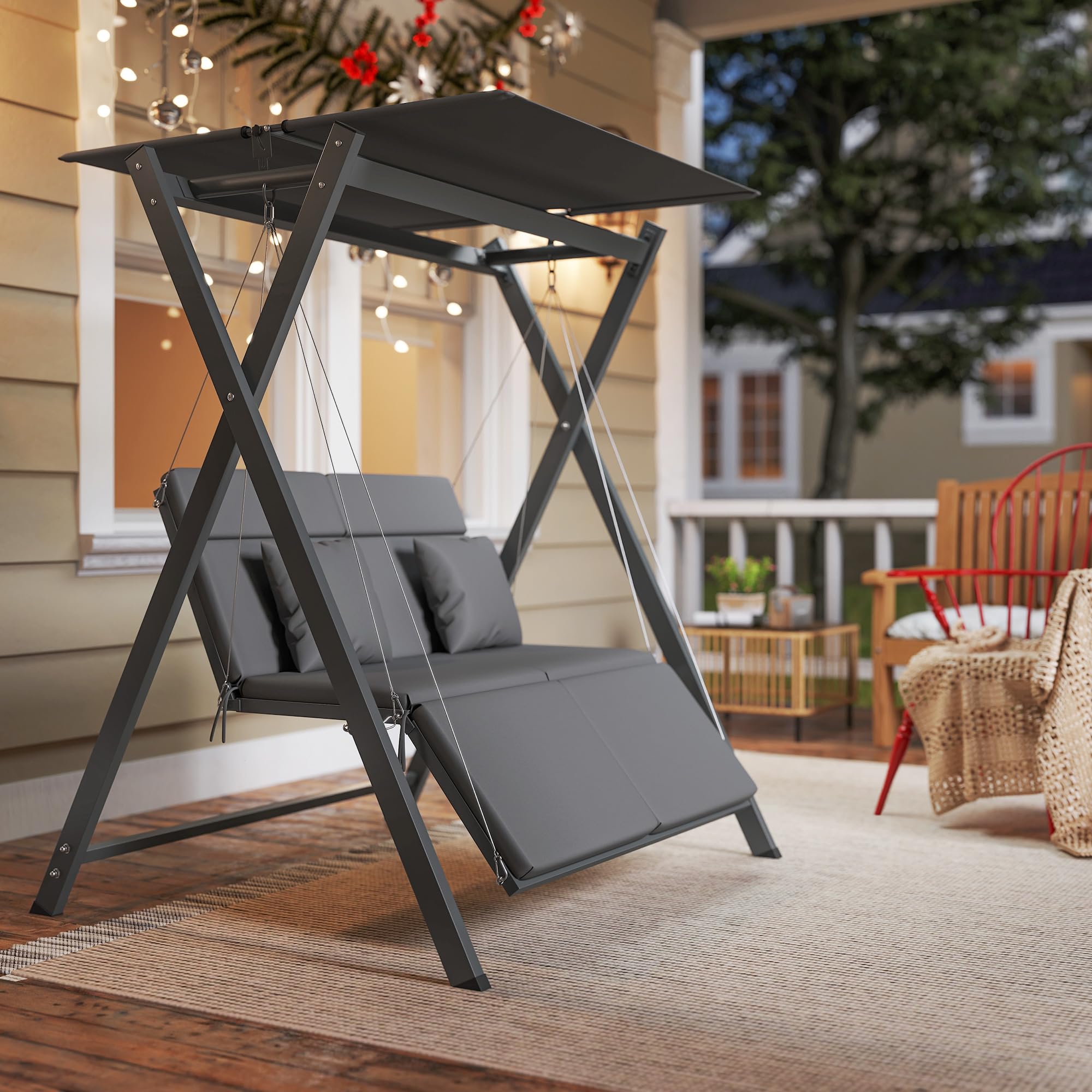 Outsunny Columpio de Jardín Exterior de 2 Plazas Balancín de Jardín Exterior con Protección UV30+ Toldo Ajustable y Cojines Convertible en Cama Carga 220 kg 142x130x168 cm Gris Oscuro