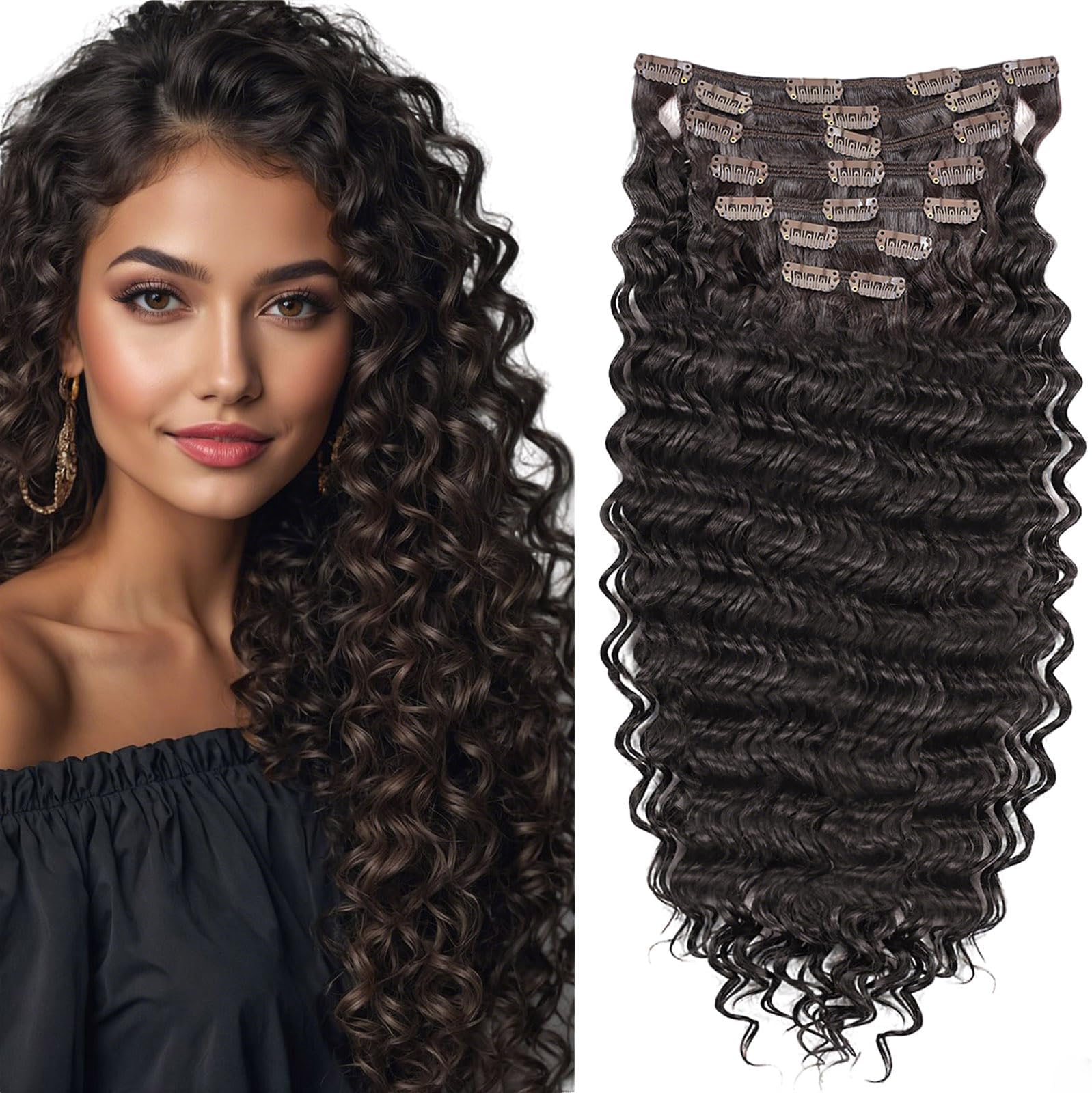 Clip in Hair Extensions Synthetic hair Clip in 140G 7Pcs/Lot Japanese Heat Resistant Fiber Hairpieces Deep Wave/Body Wave/Straight hair (Deep Wave, Dark Brown 2#)