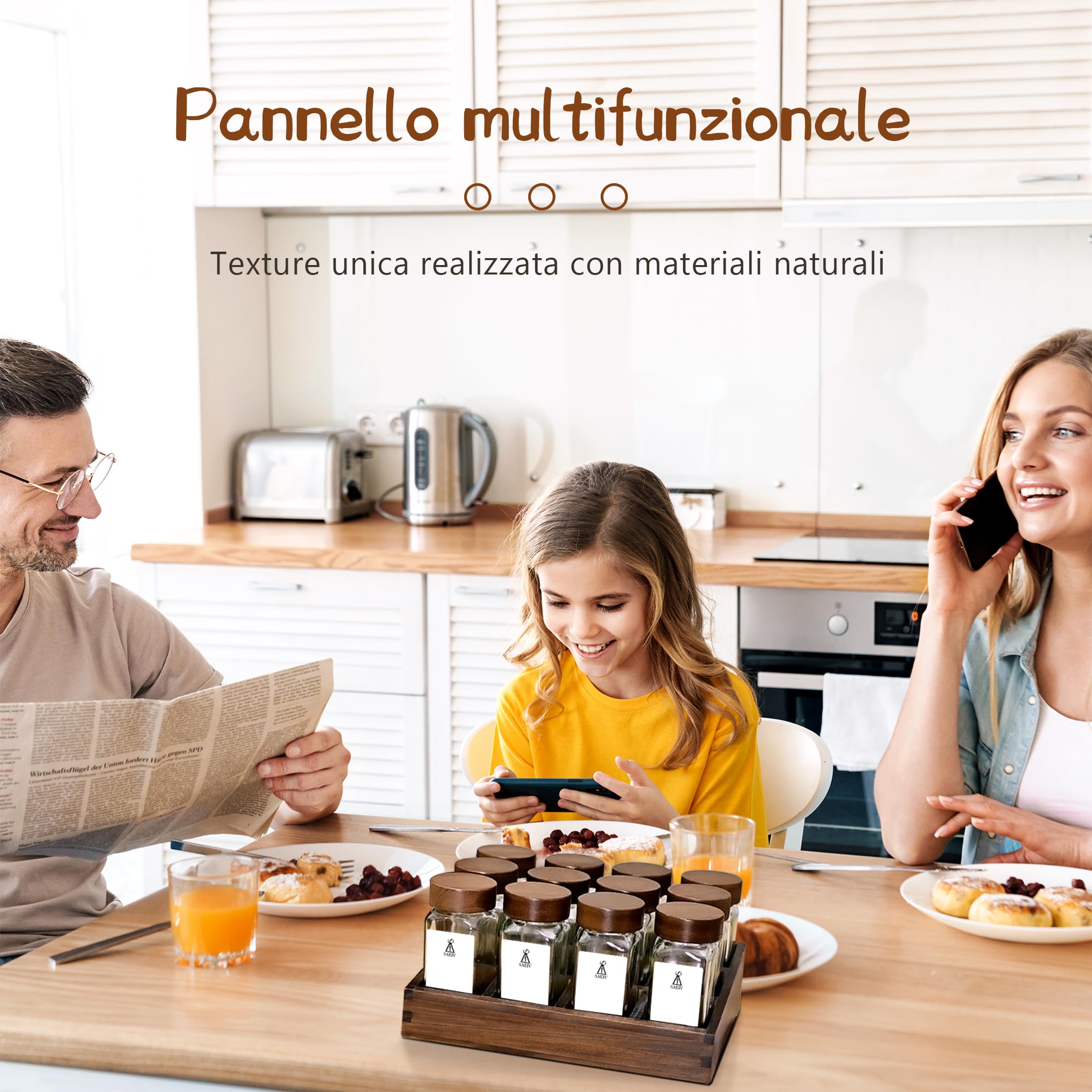 SAEIV Porta Spezie per Cucina Salva Spazio Portaspezie Salvaspazio 12 Barattoli Vassoio Legno Acacia Vetro Borosilicato Non Bruci Più la Pasta Piano/Cassetto Imbuto Inox+120 Etichette