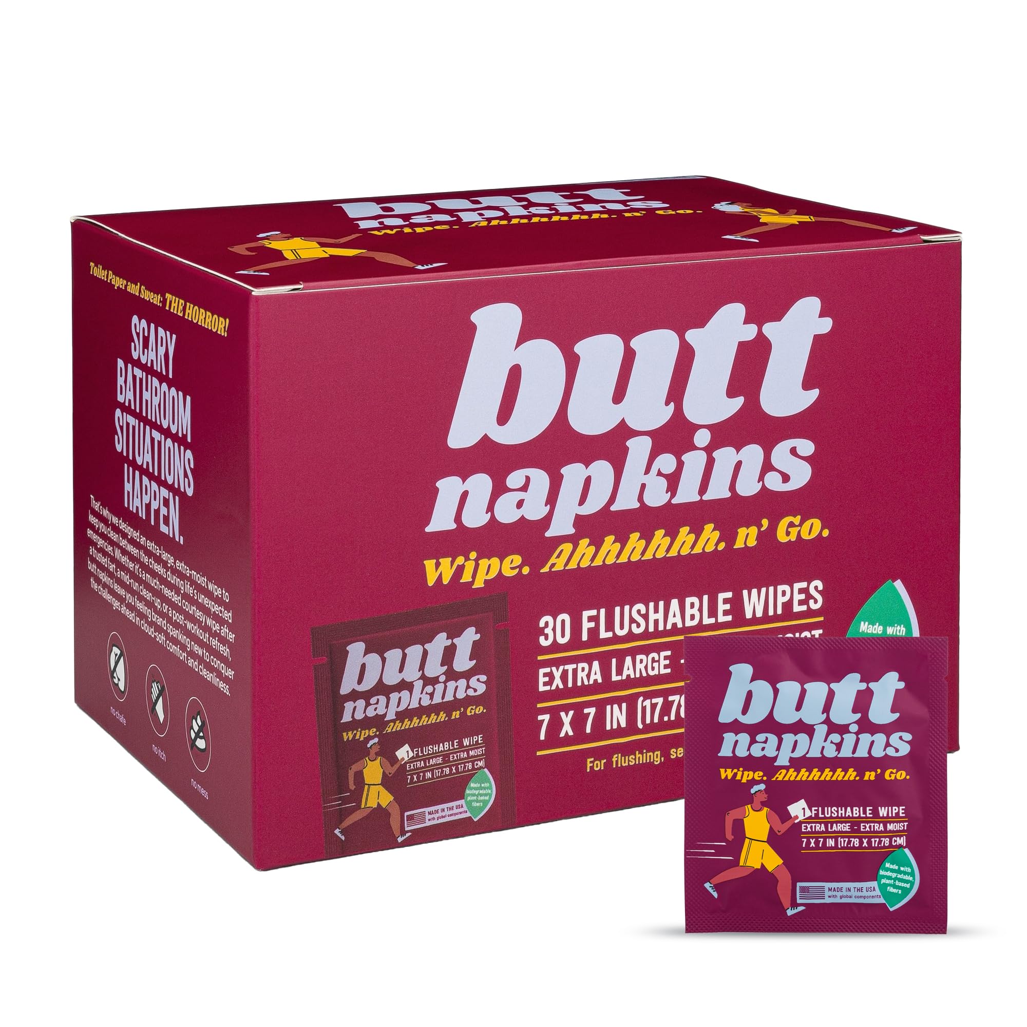 Butt Napkins – Flushable Adult Wet Wipes, 30 Singles, Travel-Size, Unscented Plant-Based with Aloe & Vitamin E, Hypoallergenic