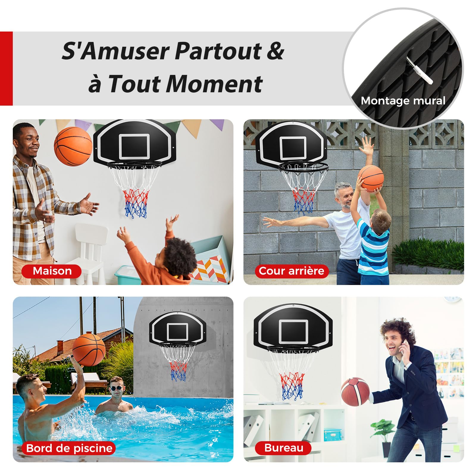COSTWAY Panier de Basket Mural 43 cm avec Panneau Incassable, Panier Basket-Ball avec Filet Toutes Saisons Accessoires Complets, pour Enfants Adolescents Adultes, 72 x 45,5 cm, Noir+Blanc