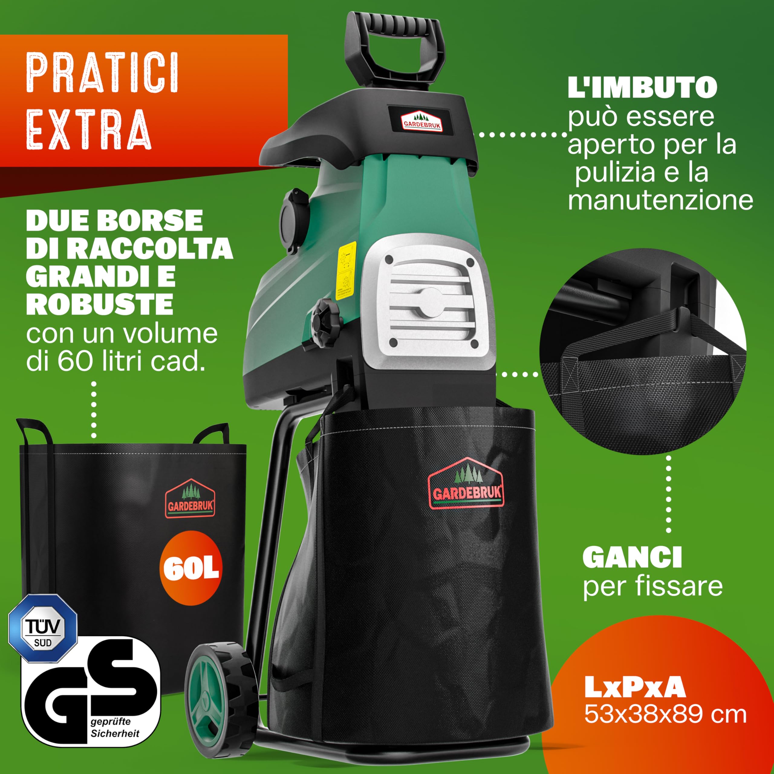 GARDEBRUK Trituratore Elettrico Silenzioso a Rullo 3100W Biotrituratore 2x60L