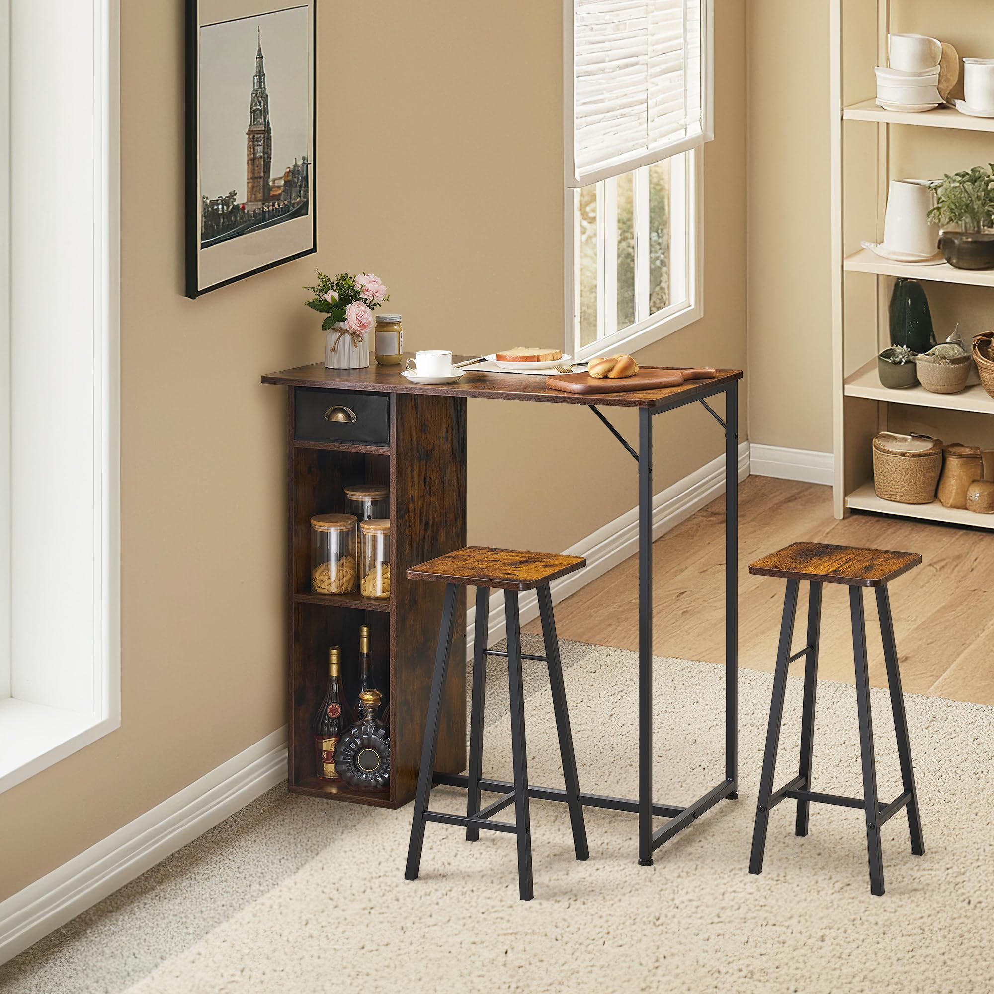 Juego de mesa de bar con 2 taburetes y estantes para cocina pequeña