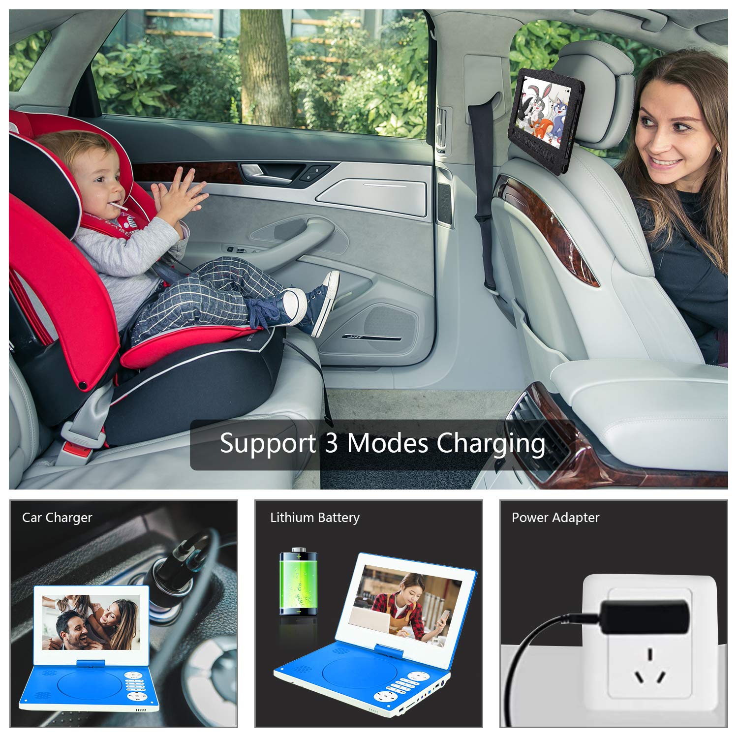 YOOHOO Reproductor de DVD portátil de 12.5 pulgadas con pantalla giratoria HD de 10.5 pulgadas y 270° con batería recargable, adaptador de CA compatible con todas las regiones, multiregión