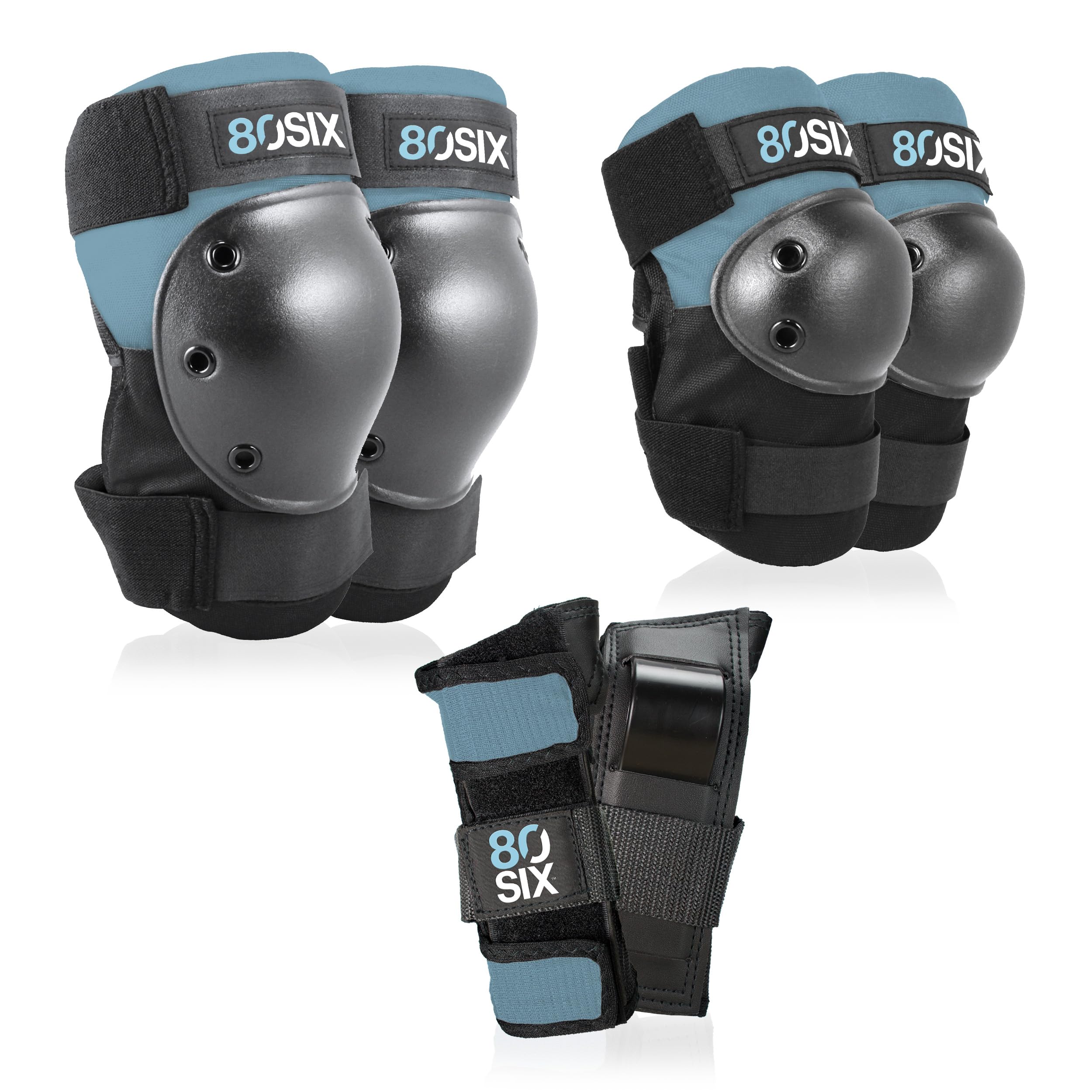80Six Kids’ Multi-Sport Pad Set with Wristguards, Elbow Pads, and Knee Pads, Stone Blue, Medium/Large - Ages 14+